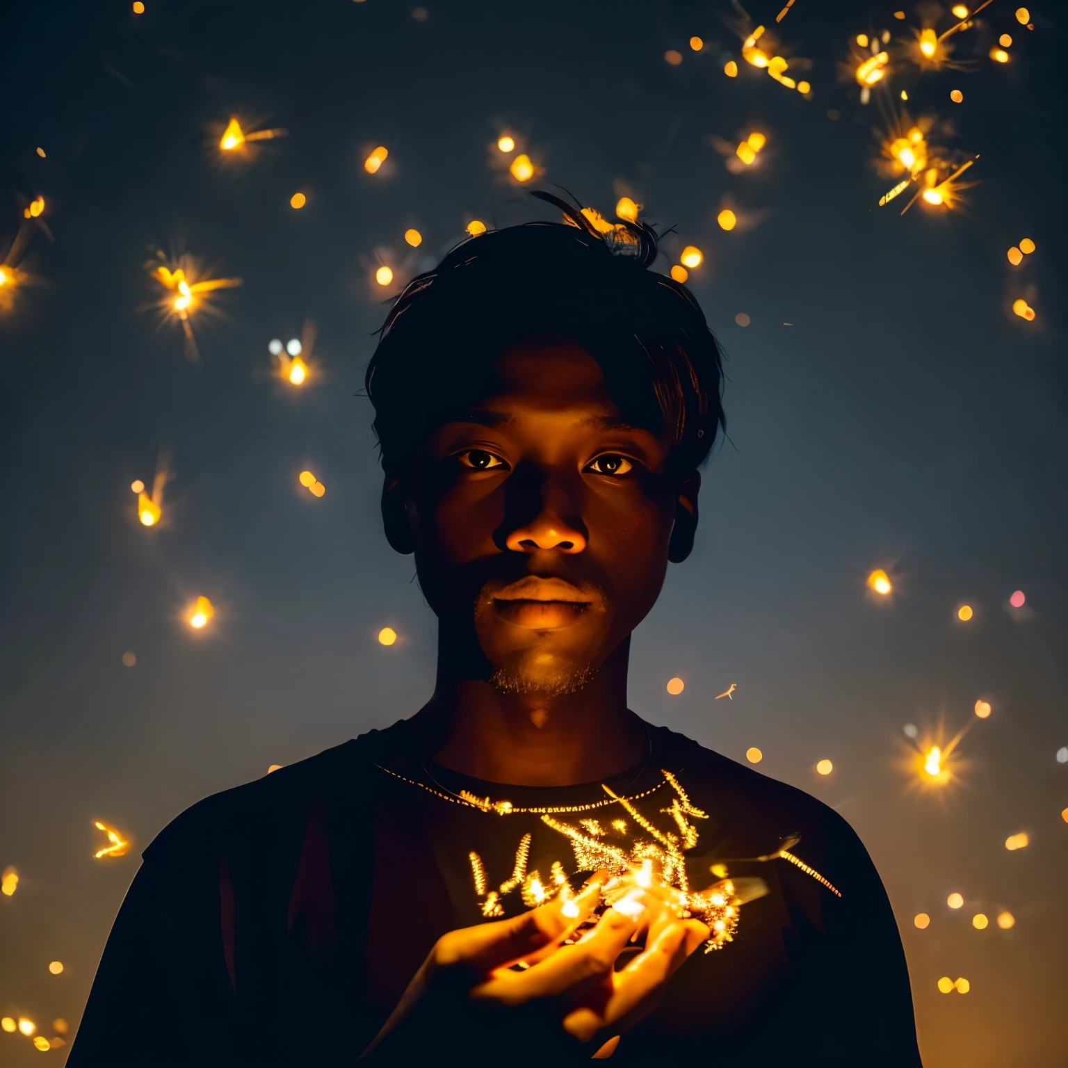 A man made of fireflies, Surrounded by fireflies.