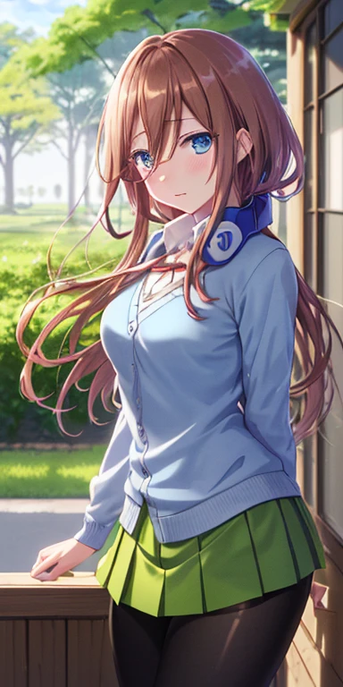masutepiece, Best Quality, (Very detailed CG Unity 8K wallpaper) (Best Quality), (Best Illustration), (Best Shadows), Miku Nakano, Brown hair, Blue eyes, classroom, Beautiful detailed eyes, looking at viewer,(Blue Cardigan),(Short green pleated skirt),(Black pantyhose),happy,embarrassed,slouch