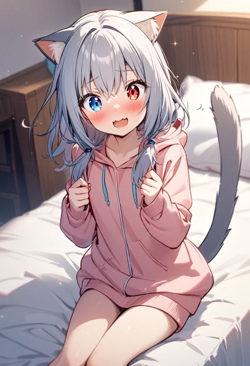 girl,hoodie,On the bed,Heterochromia Red Eyes Blue Eyes,Small breasts,Cat ear,Feline tail,bottomless,bottomless,penis,vaginal,POV,sweat,steam,girl trembling with sexual climax,drunken eyes,woman on top