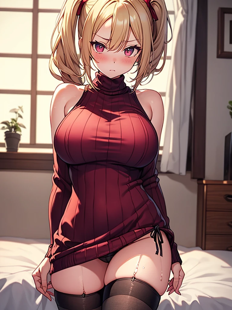 (highest quality, High resolution, perfect pixel, Depth of bounds written, 4K), hotel room, (cowboy shot), detailed eyes, (1 lady), tall, (skinny body:1.2) , (thin thighs:1.2), large breasts, (side boob), blond hair, (side ponytail:1.2), (burgundy virgin killer sweater dress:1.2), (sleeveless), bare back, (clothes lift:1.2), side tie panties, (standing), (embarrassed), blush, (knee-length stockings:1.3), wet,
