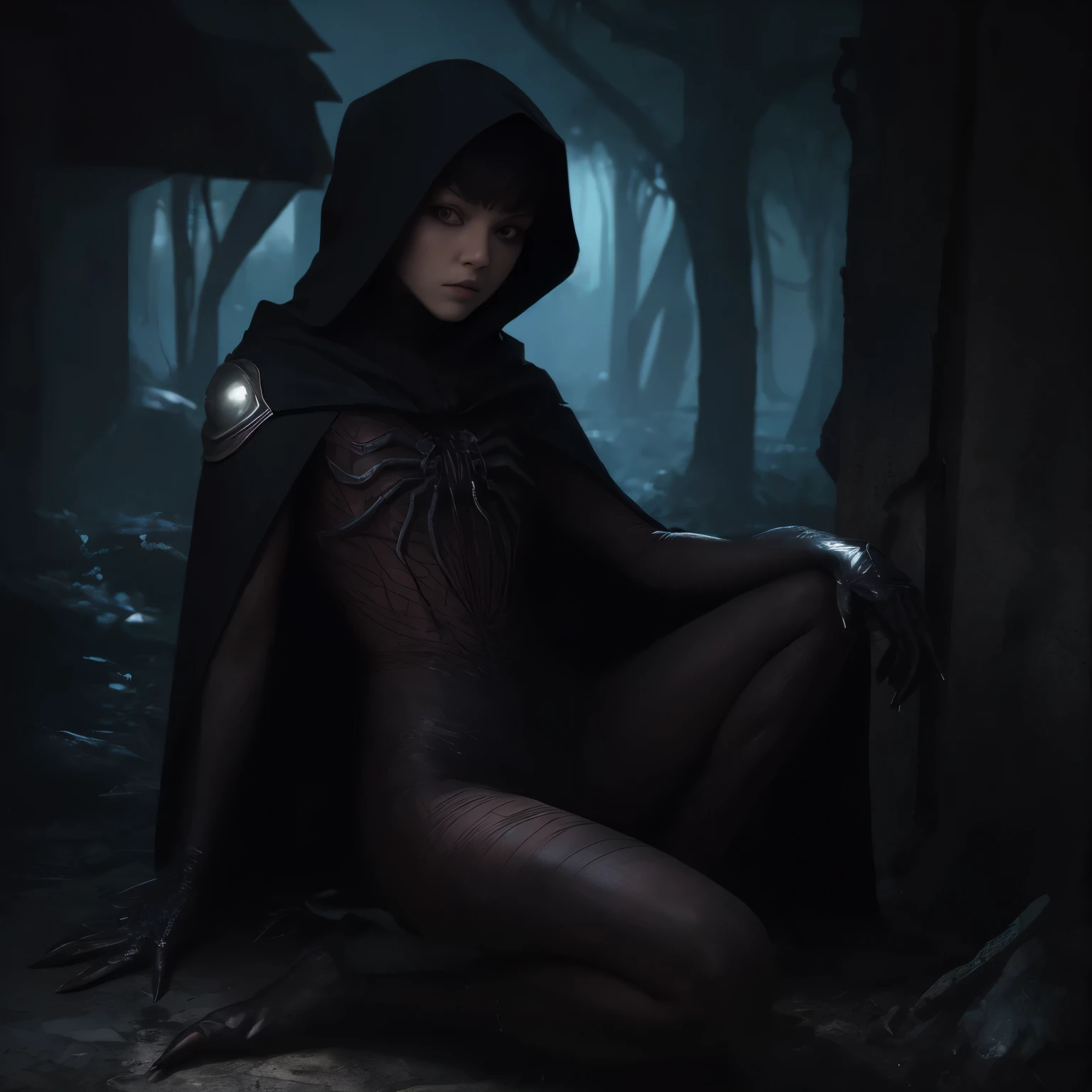 high, very thin, skinny narrow girl., in tights all over the body and with a hood. naked , oily, highly shiny body on a very dark night, little lighting at dusk, dark fantasy,in heels