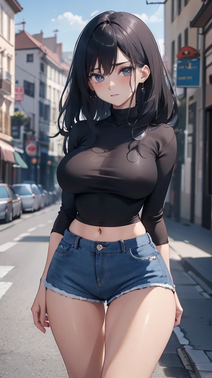 1 garota,cabelo preto curto,olhos azuis, vestindo camisa branca lisa,shorts jeans,cidade,
absurdos,high resolution,ultra-afiado,8k,obra de arte,olhando para o espectador.