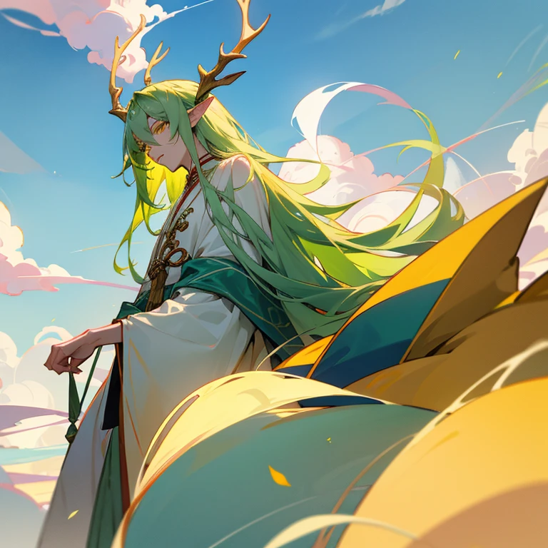 Attractive tall manly man, slim build, pale complexion, yellow eyes, pointed ears, long flowing green hair, small golden deer antlers, completely white and sky blue Chinese traditional costume with clouds around.
