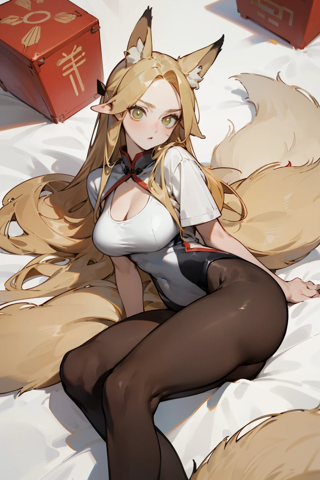 (masterpiece, best quality) detailed, Wearing black tights, , Blonde ,elegant, (Fox ears),Red Eyeshadow, ,Chinese element pattern,thigh,漏出thigh,White shirt,Deep V one-piece swimsuit,Large Breasts
