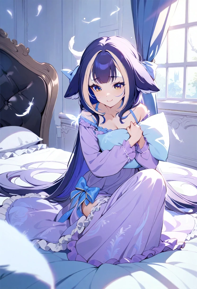 (shylily/(Twich/):1.5),(masterpiece:1.2),(best quality:1.2),, (1girl:1.3),,pajama ,happy girls,(pillow fight on the bed),((Girls holding pillows),(Many small feathers flutter)),((A long-sleeved, long-skirted nightgown with frills and ribbons)),Lolita style fashion,On a huge, wide canopy bed,Many frilly pillows on the bed,Ruffled Bed Skirt,Frilled curtains around the bed,detailed face,