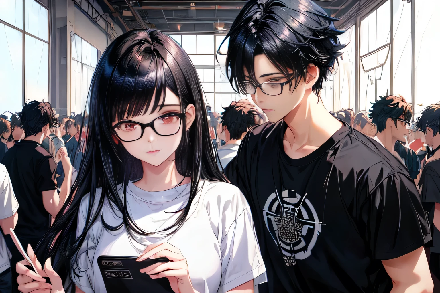 anime boy with black hair and glasses standing in a crowd, Artwork in the style of Guweiz, Anime style, Young anime man, Digital anime illustration, inspired by Yanjun Cheng, anime boy, Anime style, Smooth anime CG art,, Aesthetic award-winning anime，(Training Hall)，(indoor)，Black short hair，Black T-shirt，Blue Jeans，happy，Fear