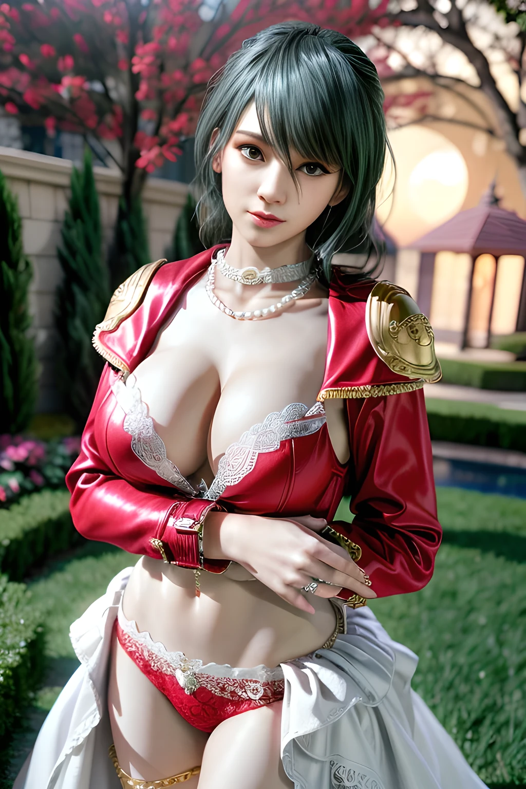 1 girl,lean over WINK,(Wearing Wedding Dress:1.2) ,(Wearing Jewel:1.2) ,( red lace_coat:1.3),(Fluffs :1.4),(pearl bodychain:1.3),garden,nighttime,moon,( huge breasts ),cleavage,shiny skin,lip gloss,tattoos, masterpiece, best quality, realistic ,Surrealism,Rich artistic colors,natural colors art in 8k,3D,Portrait art,solo, tamaki