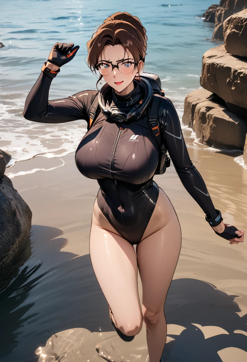 best quality, Highest image quality, high resolution, Reality, original photo, 8k)), (Stunning mature beauties, Perfect proportion, Beautiful Body, Body Slimming:1.2), (Diver with underwater equipment and gear, Wearing black diving suit and diving mask:1.4)having fun,underwater looking up, (deep), (Brown hair:1.2),full-body shot,Wearing glasses,Anime style