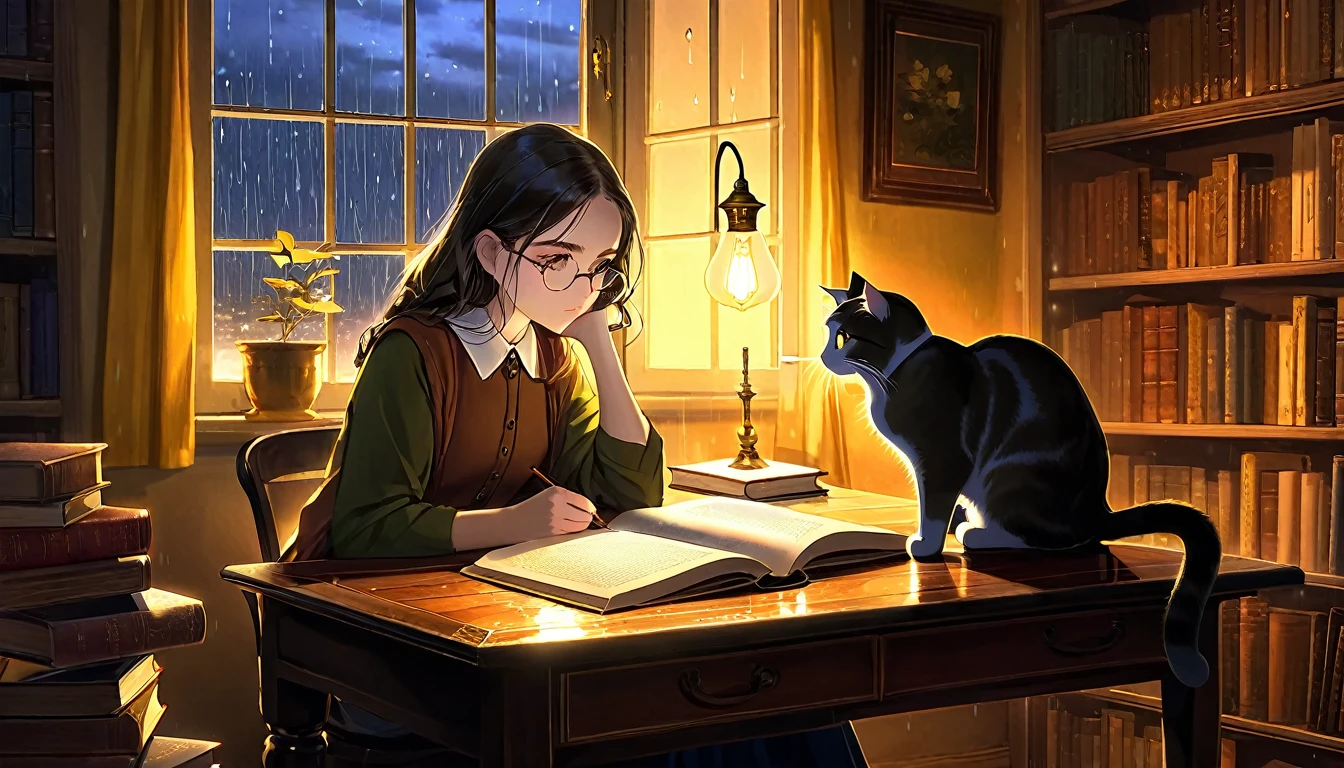 Masterpiece, Best quality, 1girl, Cozy corner, Jumble of books, Profound study, Desk lamp, Yellow glow, Peaceful ambiance, Quiet night, Window, Tranquil countenance, Intensity of concentration, Composed posture, Inquisitive eyes, Subtle tilt, Nimble fingers, Timeworn margins, Sultry aura, Silent focus, Deep in thought, Scholar, Old world wisdom, Intellectual, Thoughtful, Pensive, Well-read, Intellect, Knowledgeable, Wisdom seeker, Glimpse into the mind, Soaking up the knowledge, Absorbing the information.
A girl, enscon,evening,rainy,with cat,