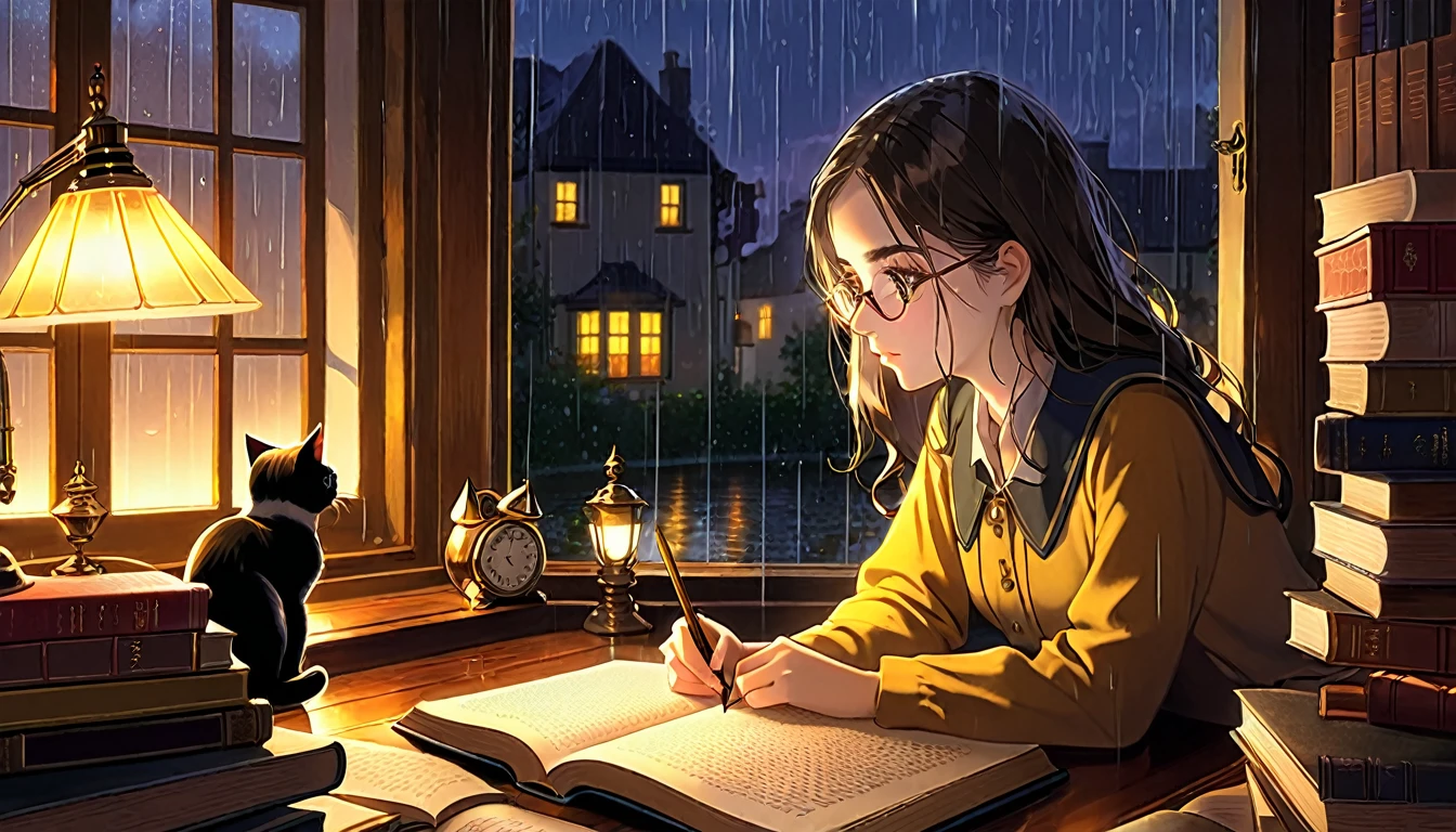 Masterpiece, Best quality, 1girl, Cozy corner, Jumble of books, Profound study, Desk lamp, Yellow glow, Peaceful ambiance, Quiet night, Window, Tranquil countenance, Intensity of concentration, Composed posture, Inquisitive eyes, Subtle tilt, Nimble fingers, Timeworn margins, Sultry aura, Silent focus, Deep in thought, Scholar, Old world wisdom, Intellectual, Thoughtful, Pensive, Well-read, Intellect, Knowledgeable, Wisdom seeker, Glimpse into the mind, Soaking up the knowledge, Absorbing the information.
A girl, enscon,evening,rainy,with cat,