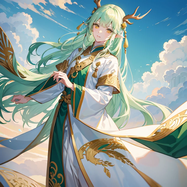 Attractive tall manly man, slim build, pale complexion, yellow eyes, pointed ears, long flowing green hair, small golden deer antlers, completely white and sky blue Chinese traditional costume with clouds around.