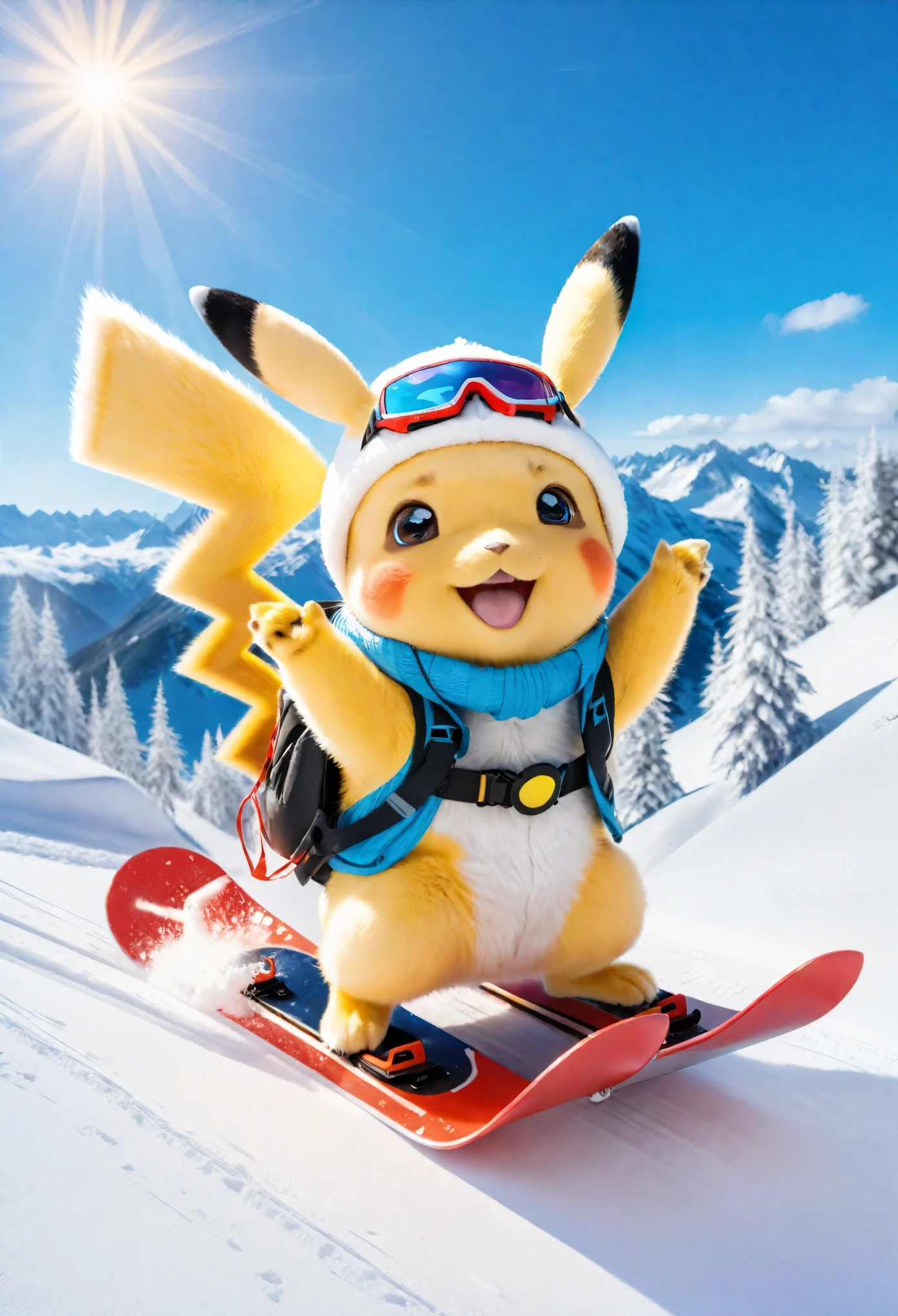 Pikachu in a dynamic skiing and snowboarding scene, captured in an ultra-detailed 8K RAW photo with wide-angle lens. The scene is illuminated by sunlight, highlighting the realism and lifelike quality of the image. The focus is on Pikachu’s tail, prominently displayed amidst a snow explosion, emphasizing its dynamic movement. This unique and vibrant depiction showcases the beloved character in a winter sports setting.