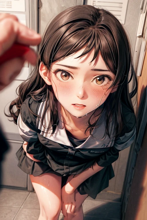 Clear Face,masterpiece,super high quality, Very detailed,Perfect drawing,Hmph,3D,8k,beautiful girl,One Girl,Has long brown hair、Gray Uniform、Black Skirt, Red ribbon on uniform、((She glared at me sharply..., Looking down from above)), beautiful girl with a wonderful face, Long eyelashes, School、locker room、Human Anatomy、shiho kitazawa、blush、Estrus、Wet clothes、Light blue underwear