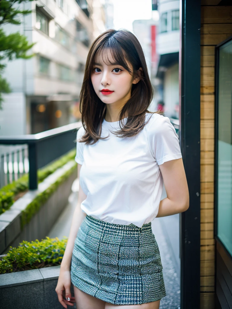 cyber punk, highest quality, masterpiece, shape, Realistic, photo-Realistic, wonderful, finely, Very detailed, High resolution, Very detailed, unity 8k wallpaper, Full body shot of a beautiful young woman with Korean-style features resembling a popular actress, Blouse, Ruffled Skirt, Knee high socks, (Very small breasts), thin, She has pink and bluish eyeshadow, bangs, blonde, short hair, head, and arms. Standing and looking at me, Japanese residential area, Narrow eyes, Long and narrow eye shape, Three white eyes, Confident expression, Evil look, Very slender and beautiful legs, Beautiful and thin thighs, Earrings,