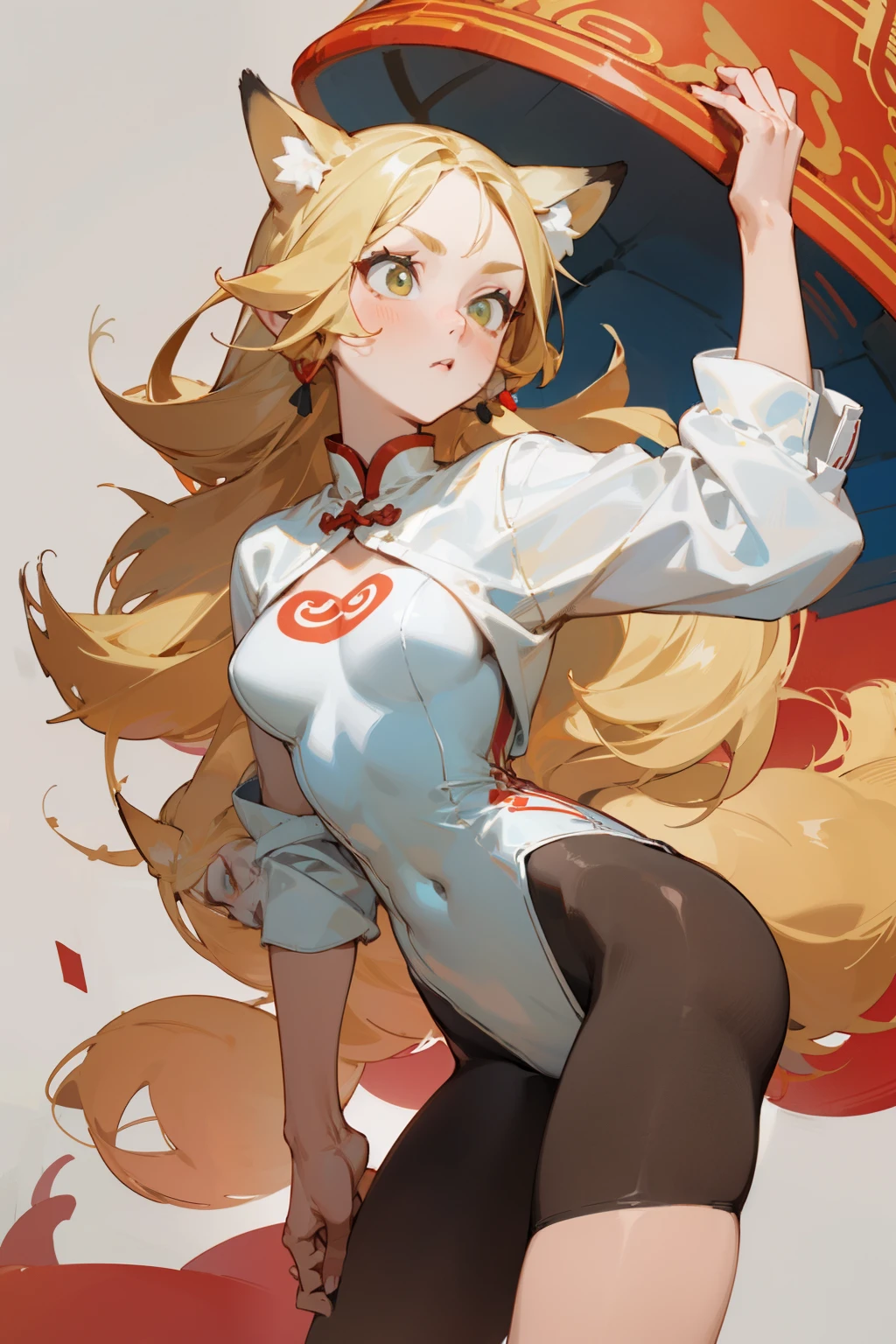 (masterpiece, best quality) detailed, Wearing black tights, Blonde ,elegant, (Fox ears),Red Eyeshadow, ,Chinese element pattern,thigh,漏出thigh,White shirt,Deep V one-piece swimsuit