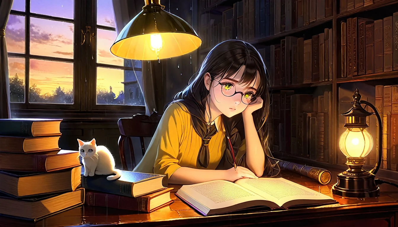 Masterpiece, Best quality, 1girl, Cozy corner, Jumble of books, Profound study, Desk lamp, Yellow glow, Peaceful ambiance, Quiet night, Window, Tranquil countenance, Intensity of concentration, Composed posture, Inquisitive eyes, Subtle tilt, Nimble fingers, Timeworn margins, Sultry aura, Silent focus, Deep in thought, Scholar, Old world wisdom, Intellectual, Thoughtful, Pensive, Well-read, Intellect, Knowledgeable, Wisdom seeker, Glimpse into the mind, Soaking up the knowledge, Absorbing the information.
A girl, enscon,evening,rainy,with cat,
