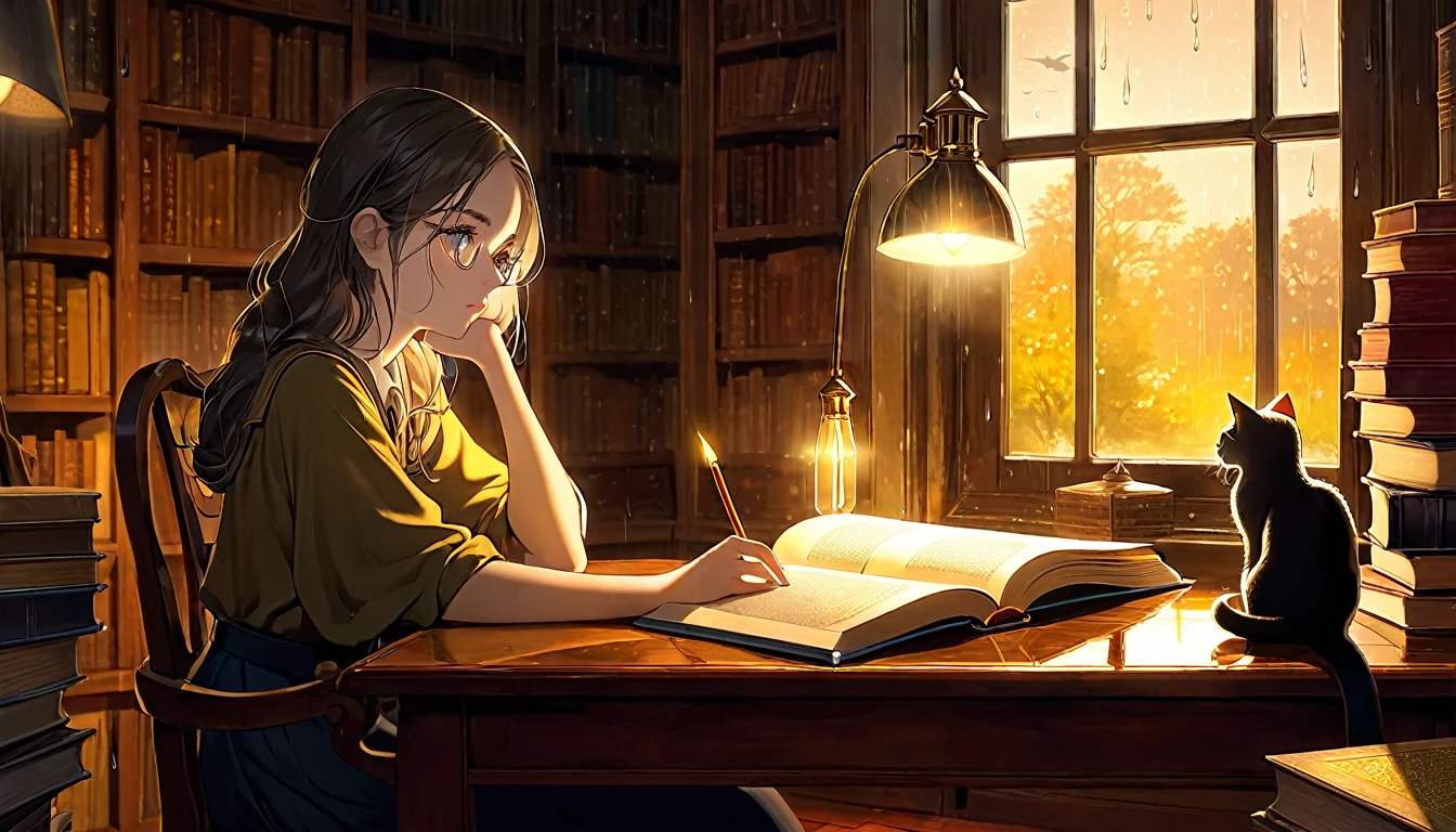 Masterpiece, Best quality, 1girl, Cozy corner, Jumble of books, Profound study, Desk lamp, Yellow glow, Peaceful ambiance, Quiet night, Window, Tranquil countenance, Intensity of concentration, Composed posture, Inquisitive eyes, Subtle tilt, Nimble fingers, Timeworn margins, Sultry aura, Silent focus, Deep in thought, Scholar, Old world wisdom, Intellectual, Thoughtful, Pensive, Well-read, Intellect, Knowledgeable, Wisdom seeker, Glimpse into the mind, Soaking up the knowledge, Absorbing the information.
A girl, enscon,evening,rainy,with cat,