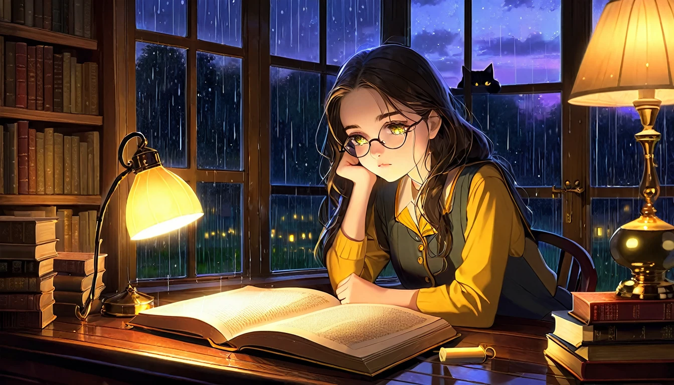 Masterpiece, Best quality, 1girl, Cozy corner, Jumble of books, Profound study, Desk lamp, Yellow glow, Peaceful ambiance, Quiet night, Window, Tranquil countenance, Intensity of concentration, Composed posture, Inquisitive eyes, Subtle tilt, Nimble fingers, Timeworn margins, Sultry aura, Silent focus, Deep in thought, Scholar, Old world wisdom, Intellectual, Thoughtful, Pensive, Well-read, Intellect, Knowledgeable, Wisdom seeker, Glimpse into the mind, Soaking up the knowledge, Absorbing the information.
A girl, enscon,evening,rainy,with cat,