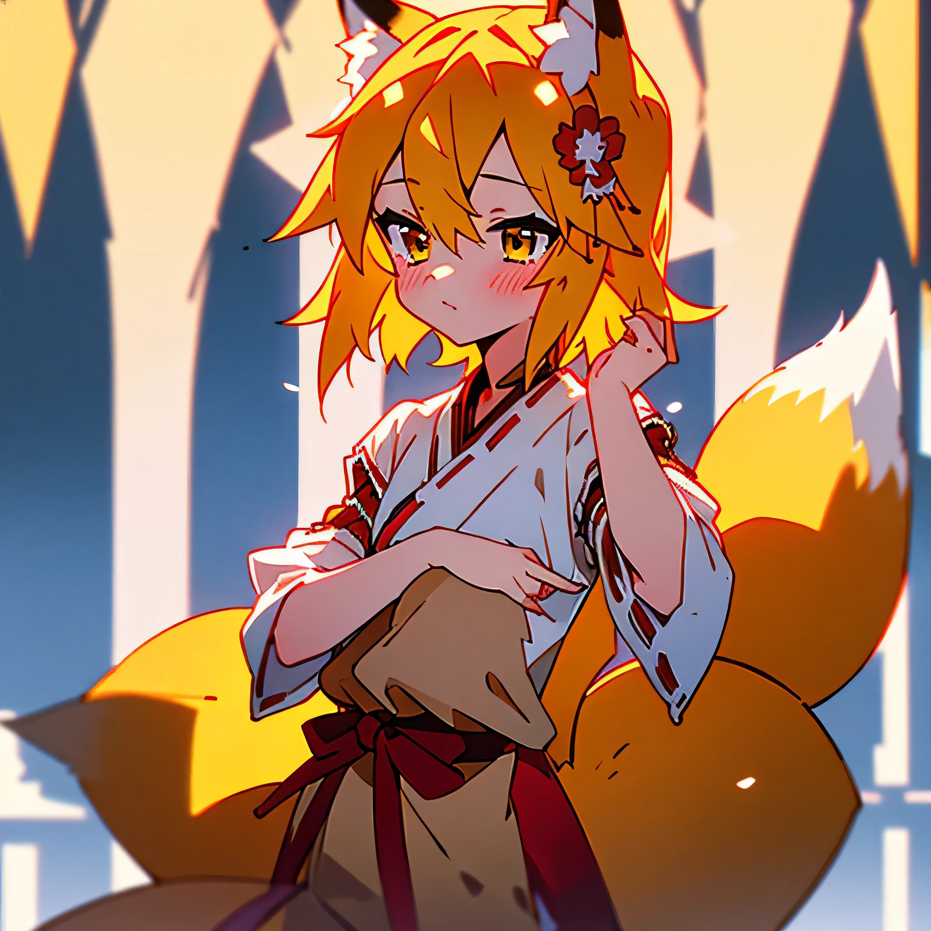 score_9, score_8_up, score_7_up, BREAK, source_anime  1girl, solo, sen, blonde hair, animal ears, fox ears, blush, animal ear fluff, hair ornament, fox girl, hair flower, hair between eyes, short hair, fox tail, tail, flat chest, yellow eyes, young girl
miko, japanese clothes, ribbon mesh sleeves