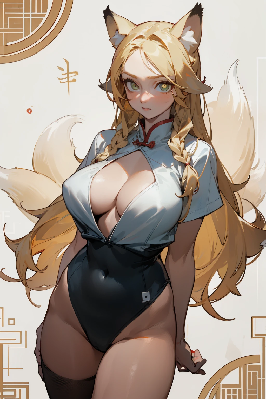(masterpiece, best quality) detailed, Wearing black tights, , Blonde ,elegant, (Fox ears),Red Eyeshadow, ,Chinese element pattern,thigh,漏出thigh,White shirt,Deep V one-piece swimsuit,Large Breasts