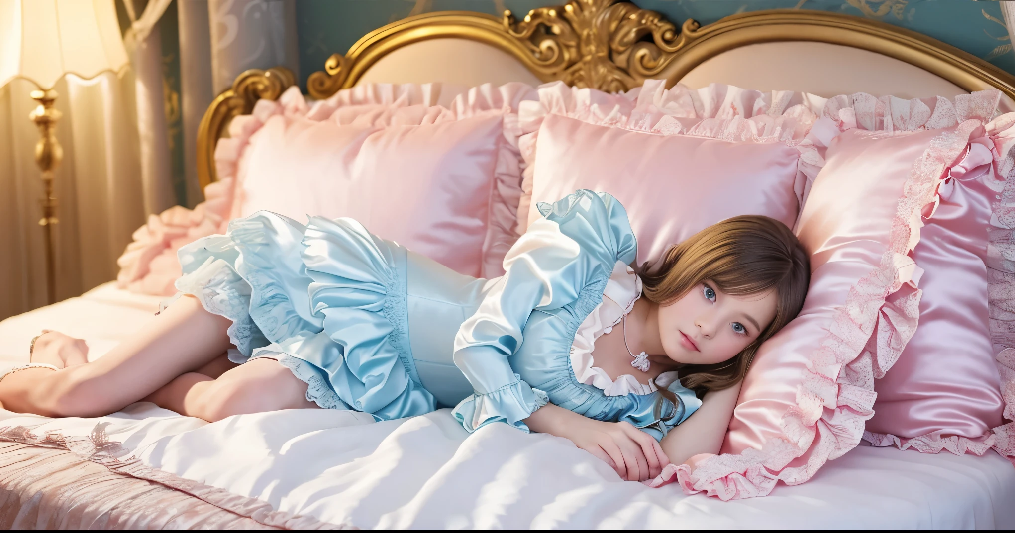 ,highest quality, masterpiece, Highest Resolution, artwork, super それにGet used to it, many Get used to it, Get used to it, それにGet used to it, 3K realistic photos,,((女の子)),Super detailed baby face,Trls are princesses,Full-length ball gown dress with hoop skirt,Frilled yoke collar,Puff sleeves,Long sleeve,((Lolita Style Detailed Princess Satin Dress、Lots of frills and ribbons。)),colorful rococo fashion,shiny satin dress,Soft and smooth fabric,luxury,Long blonde hair,blue eyes,White skin European,pajamas,((Inside the palace)),,,(( 10 year old)),Super by face,Full-length ball gownth hoop skirt,Long skirt,Frilled yoke collar,Puff sleeves,腰まで伸びるLong blonde hair,blue eyes,White skin European,pajamas,((Inside the palace bedroom)),シルクサテンのluxuryなCanopy bedの上,Canopy bed,Gorgeous curtains on either side of the bed,There were a lot of frilly pillows on the bed.,Highly detailed background,Detailed bed,Romantic atmosphere,Two little princesses on the bed,((((Her leghidden inside the dress)))),The dress is spread out on the bed,Soft silk satin comforter in pastel colors,Pastel colored silk satin bed sheets,Soft silk satin ruffle pillow in pastel colors,Beautiful girl illustration,Beautiful detailed face Detailed hair,Detailed human eye ,Mouth details, Arm details,Beautiful Hands,Detailed pillow,