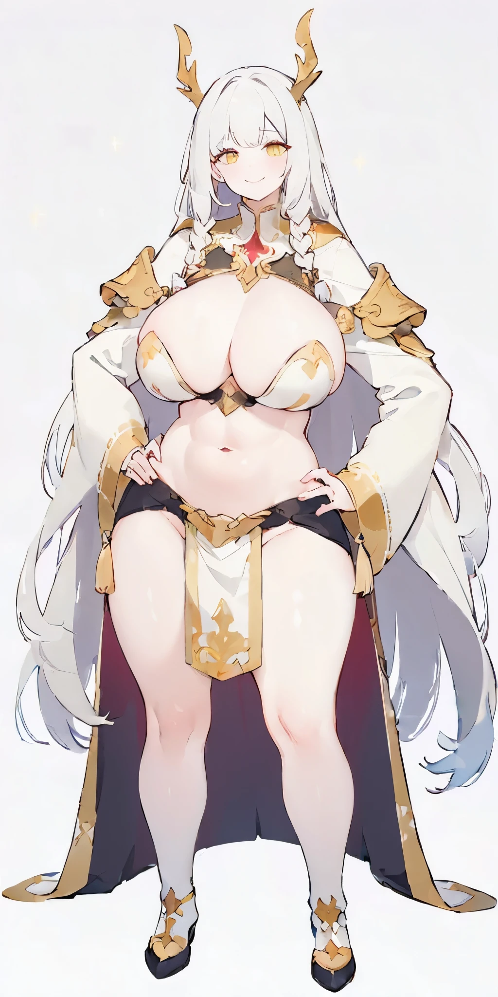 (((Plain background 1:2))) (masterpiece, high quality: 1.1) 1girl full body standing, hairstyle with a braid, white colored hair, yellow eyes, perfect lighting, muscular, thighs, mature woman, mummy, bellybutton, abs, looks at the viewer smile RED CHEEKS, extremely huge breasts, maternal, porcelain skin, extra very long hair, sparkly skin, good face, chest cover, HANDS ON HIPS