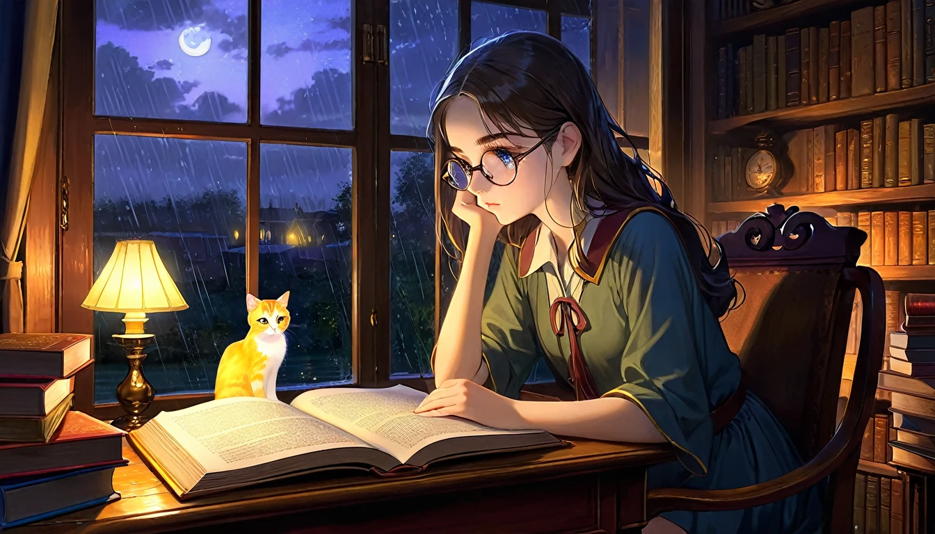 Masterpiece, Best quality, 1girl, Cozy corner, Jumble of books, Profound study, Desk lamp, Yellow glow, Peaceful ambiance, Quiet night, Window, Tranquil countenance, Intensity of concentration, Composed posture, Inquisitive eyes, Subtle tilt, Nimble fingers, Timeworn margins, Sultry aura, Silent focus, Deep in thought, Scholar, Old world wisdom, Intellectual, Thoughtful, Pensive, Well-read, Intellect, Knowledgeable, Wisdom seeker, Glimpse into the mind, Soaking up the knowledge, Absorbing the information.
A girl, enscon,evening,rainy,with cat,