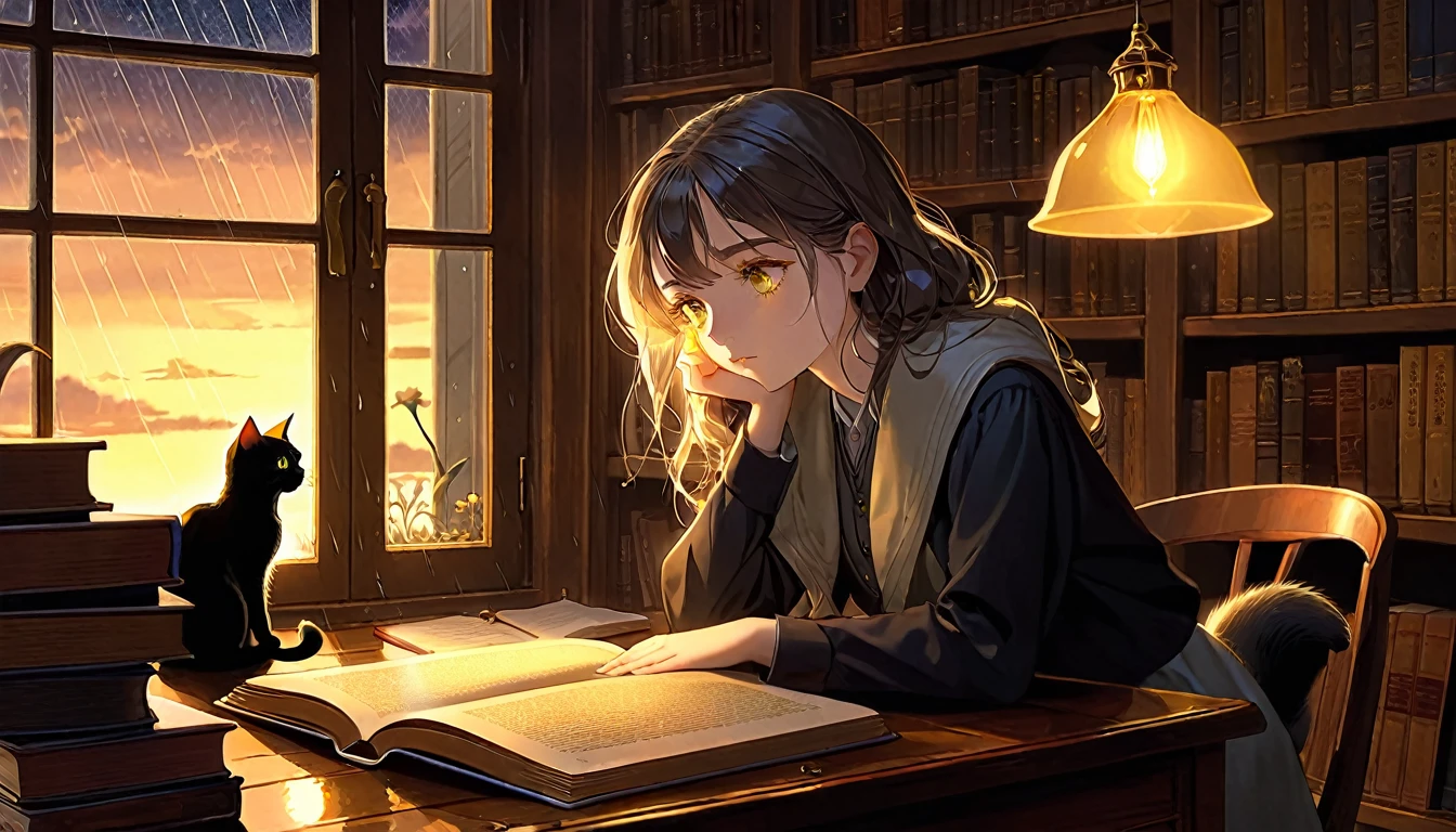 Masterpiece, Best quality, 1girl, Cozy corner, Jumble of books, Profound study, Desk lamp, Yellow glow, Peaceful ambiance, Quiet night, Window, Tranquil countenance, Intensity of concentration, Composed posture, Inquisitive eyes, Subtle tilt, Nimble fingers, Timeworn margins, Sultry aura, Silent focus, Deep in thought, Scholar, Old world wisdom, Intellectual, Thoughtful, Pensive, Well-read, Intellect, Knowledgeable, Wisdom seeker, Glimpse into the mind, Soaking up the knowledge, Absorbing the information.
A girl, enscon,evening,rainy,with cat,