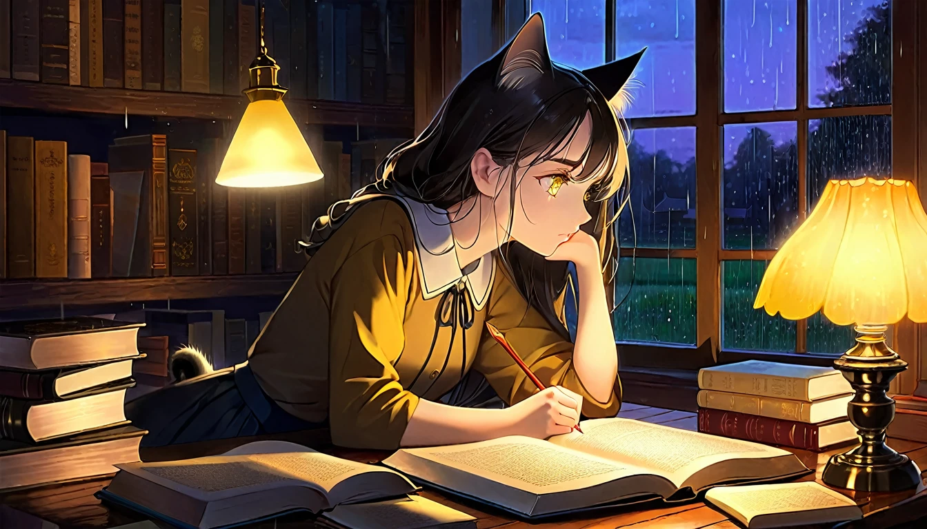 Masterpiece, Best quality, 1girl, Cozy corner, Jumble of books, Profound study, Desk lamp, Yellow glow, Peaceful ambiance, Quiet night, Window, Tranquil countenance, Intensity of concentration, Composed posture, Inquisitive eyes, Subtle tilt, Nimble fingers, Timeworn margins, Sultry aura, Silent focus, Deep in thought, Scholar, Old world wisdom, Intellectual, Thoughtful, Pensive, Well-read, Intellect, Knowledgeable, Wisdom seeker, Glimpse into the mind, Soaking up the knowledge, Absorbing the information.
A girl, enscon,evening,rainy,with cat,