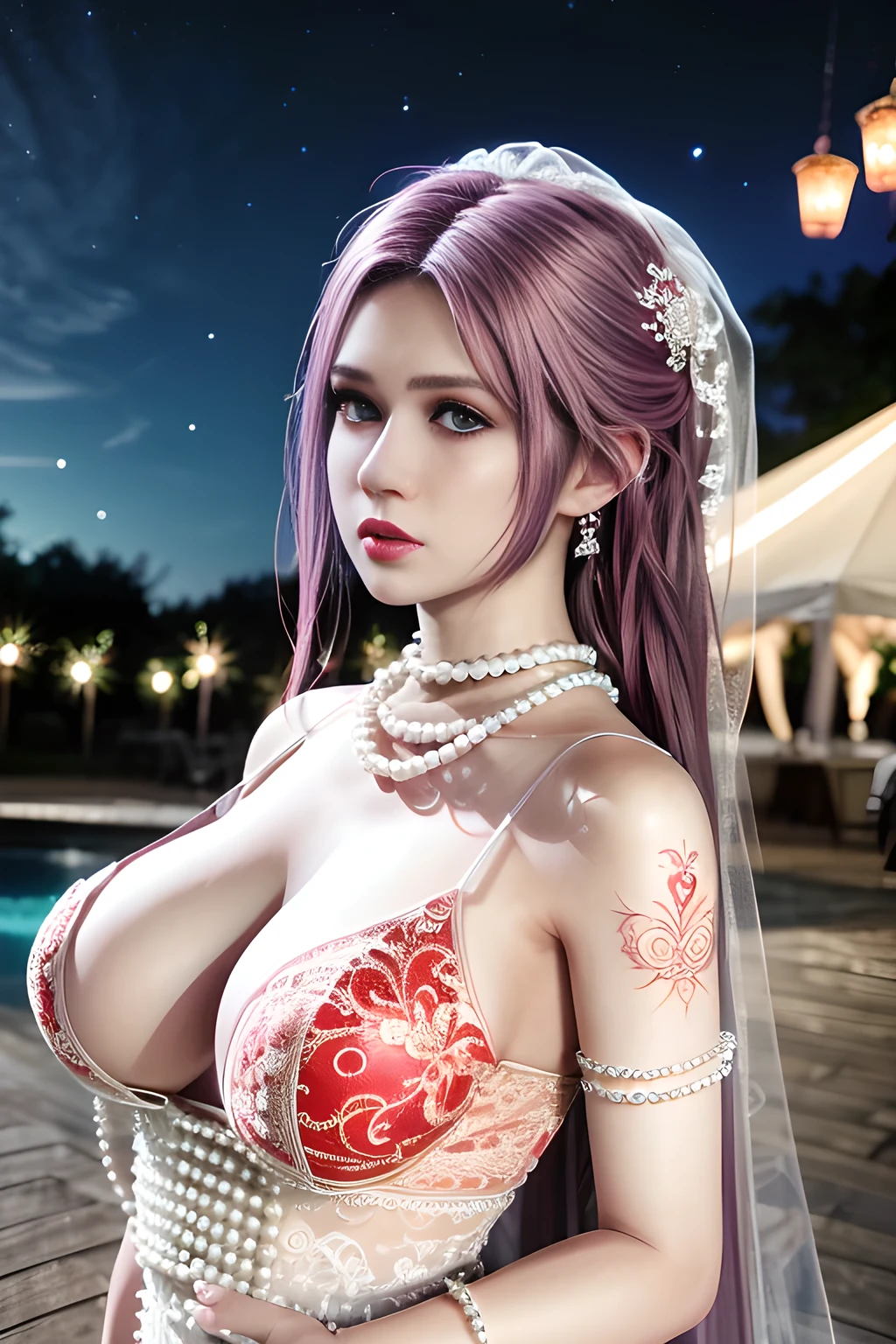 1 girl,lean over ,(Wearing Wedding Dress:1.2) ,(Wearing Jewel:1.2) ,( red lace_dress:1.3),(Fluffs ),(pearl bodychain:1.3),outdoor,elegant,nighttime,moonlighe,shiny skin,( huge breasts), lip gloss,tattoos, masterpiece, best quality, realistic ,Surrealism,natural colors art in 8k,soft shadows,Portrait art,solo,  elise,