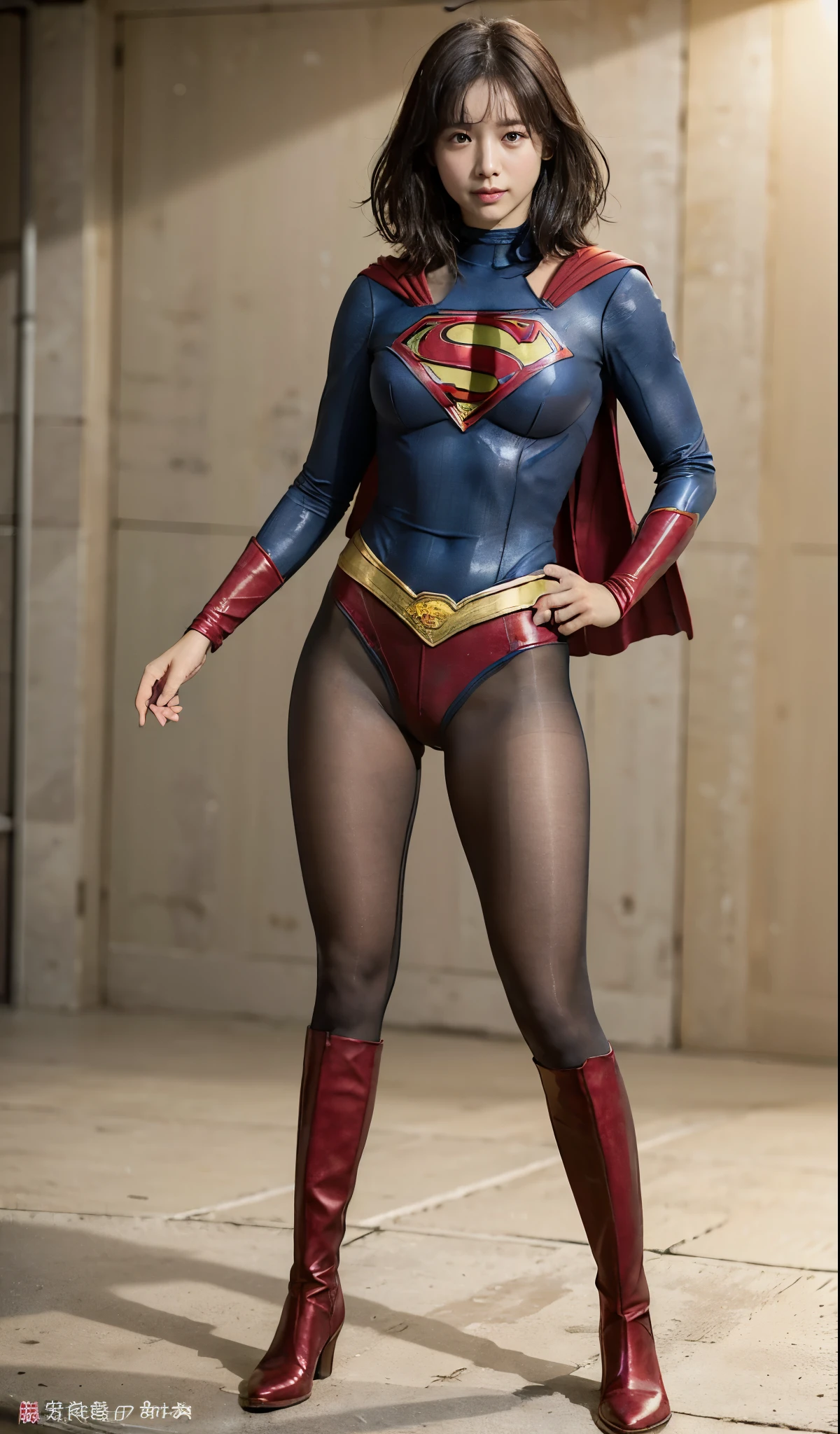 No background、(((Beautiful legs in black tights.)))、(((Legally express the beauty of your smile)))、((((Make the most of your original images)))、(((Supergirl Costume)))、(((Short beautiful hair)))、(((suffering)))、(((Please wear black tights....、Wear red boots)))、((Best image quality、8K))、((highest quality、8K、masterpiece:1.3))、(((Preserve background )))、Sharp focus:1.2、Beautiful woman with perfect figure:1.4、Thin abdominal muscles:1.2、Wet body:1.5、Highly detailed face and skin texture、8K