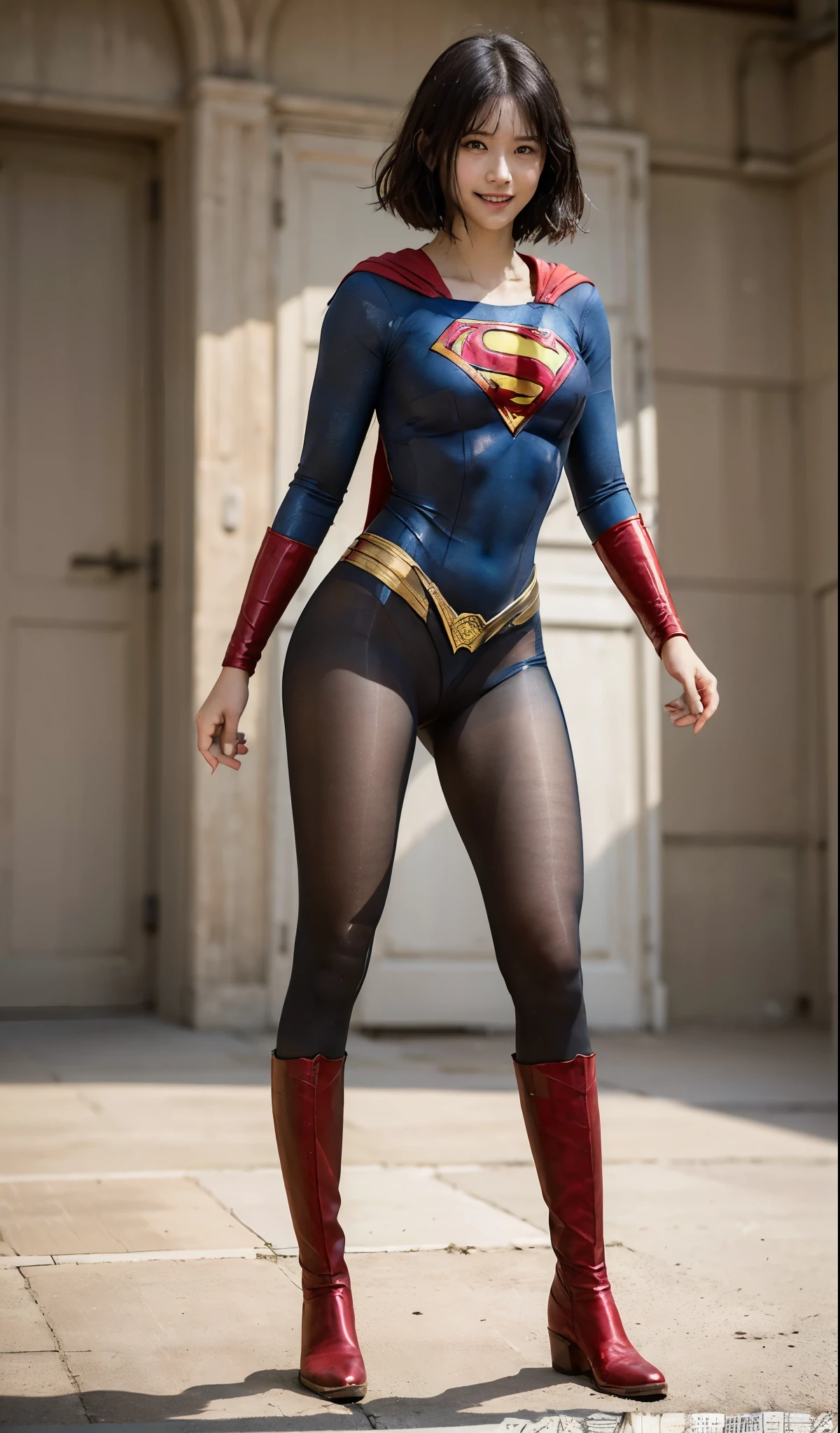 No background、(((Beautiful legs in black tights.)))、(((Legally express the beauty of your smile)))、((((Make the most of your original images)))、(((Supergirl Costume)))、(((Short beautiful hair)))、(((suffering)))、(((Please wear black tights....、Wear red boots)))、((Best image quality、8K))、((highest quality、8K、masterpiece:1.3))、(((Preserve background )))、Sharp focus:1.2、Beautiful woman with perfect figure:1.4、Thin abdominal muscles:1.2、Wet body:1.5、Highly detailed face and skin texture、8K