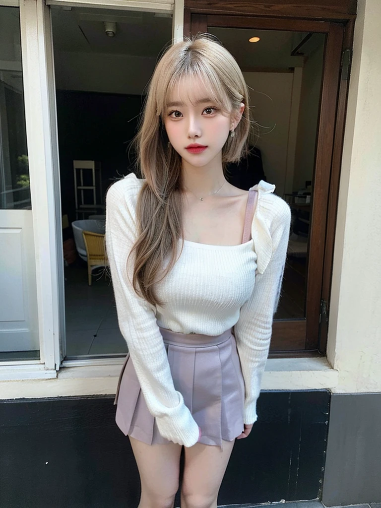 cyber punk, highest quality, masterpiece, shape, Realistic, photo-Realistic, wonderful, finely, Very detailed, High resolution, Very detailed, unity 8k wallpaper, Full body shot of a beautiful young woman with Korean-style features resembling a popular actress, Blouse, Ruffled Skirt, Knee high socks, (Very small breasts), thin, She has pink and bluish eyeshadow, bangs, blonde, short hair, head, and arms. Standing and looking at me, Japanese residential area, Narrow eyes, Long and narrow eye shape, Three white eyes, Confident expression, Evil look, Very slender and beautiful legs, Beautiful and thin thighs, Earrings,