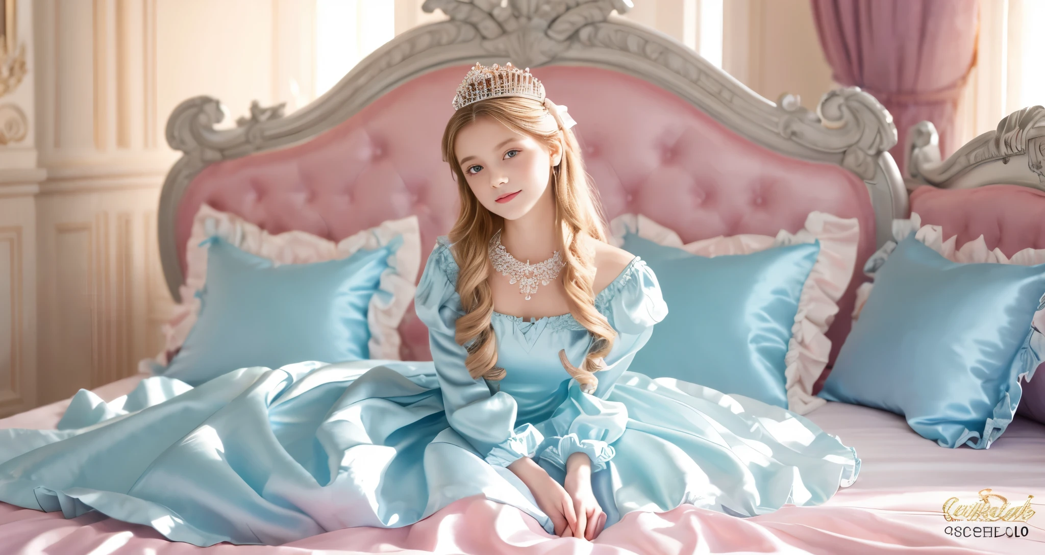 ,highest quality, masterpiece, Highest Resolution, artwork, super それにGet used to it, many Get used to it, Get used to it, それにGet used to it, 3K realistic photos,,((10 year old女の子)),Super detailed baby face,The two girls are princesses,Full-length ball gown dress with hoop skirt,Frilled yoke collar,Puff sleeves,Long sleeve,((ta Style Detailed Princess Satin Dress、Lots of frills and ribbons。)),colorful rococo fashion,shiny satin dress,Soft and smooth fabric,luxury,Long blonde hair,blue eyes,White skin European,pajamas,((Inside the palace)),,,(( 10 year old)),Super detailed baby face,Full-length ball gown dress with hoop skirt,Long skirt,Frilled yoke collar,Puff sleeves,腰まで伸びるLong blonde hair,blue eyes,White skin European,pajamas,((Inside the palace bedroom)),シルクサテンのluxuryなCanopy bedの上,Canopy bed,Gorgeous curtains on either side of the bed,There were a lot of frilly pillows on the bed.,Highly detailed background,Detailed bed,Romantic atmosphere,Two little princesses on the bed,((((Her legs are hidden inside the dress)))),The dress is spread out on the bed,Soft silk satin comforter in pastel colors,Pastel colored silk satin bed sheets,Soft silk satin ruffle pillow in pastel colors,Beautiful girl illustration,Beautiful detailed face Detailed hair,Detailed human eye ,Mouth details, Arm details,Beautiful Hands,Detailed pillow,
