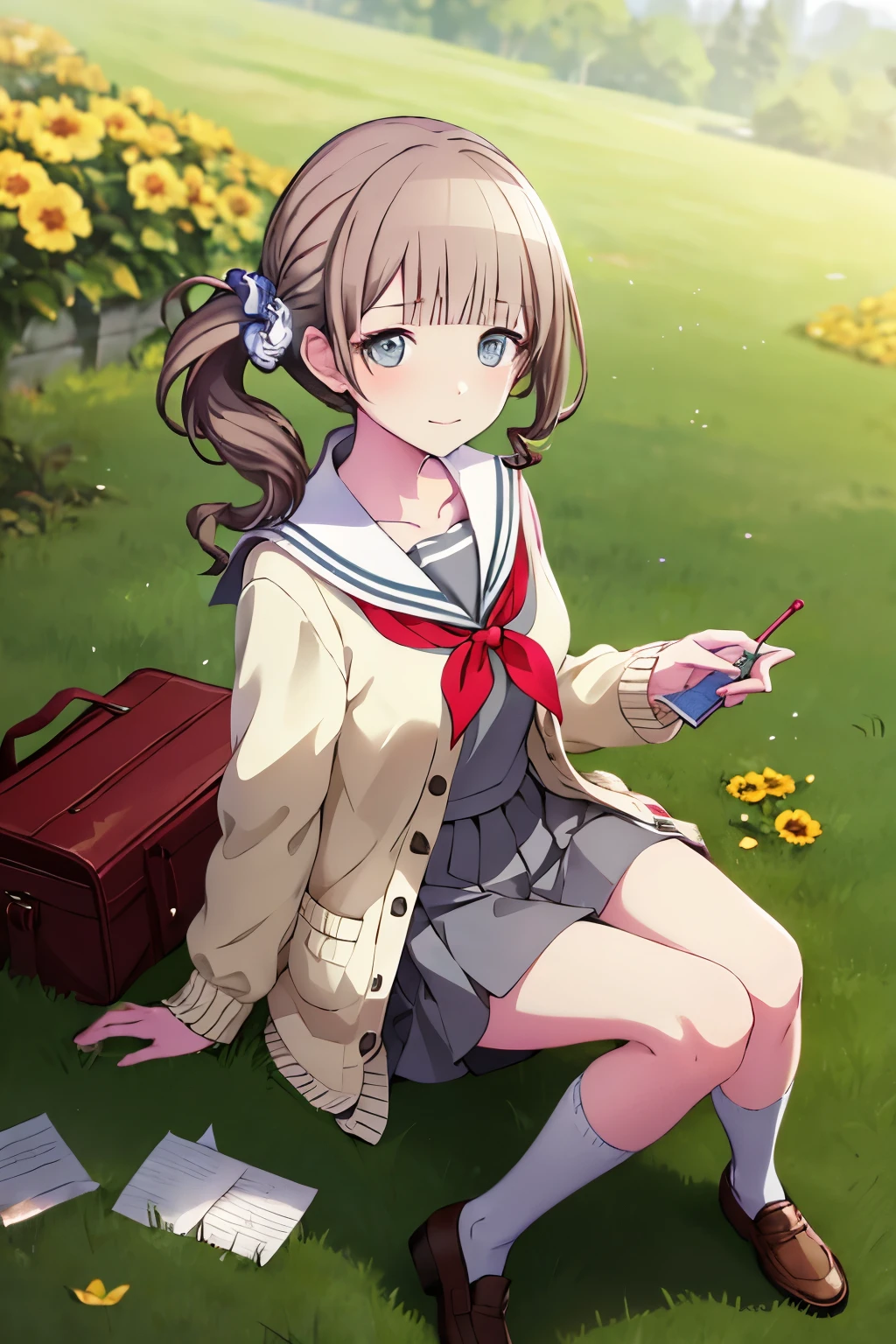 .mhonami, 1girl, solo, long hair, looking at viewer, blue eyes, skirt, brown hair, shirt, hair ornament, long sleeves, holding, sitting, closed mouth, , collarbone, full body, flower, sidelocks, pleated skirt, outdoors, open clothes, shoes, serafuku, day, socks, blunt bangs, sailor collar, black footwear, shiny hair, side ponytail, neckerchief, grey eyes, kneehighs, dutch angle, shadow, leaf, from above, wavy hair, expressionless, brown footwear, drill hair, stuffed toy, sunlight, scrunchie, cardigan, grass, looking up, light smile, white socks, loafers, grey shirt, light particles, red neckerchief, grey skirt, hair scrunchie, light blush, white sailor collar, knees together feet apart, paper, yellow flower