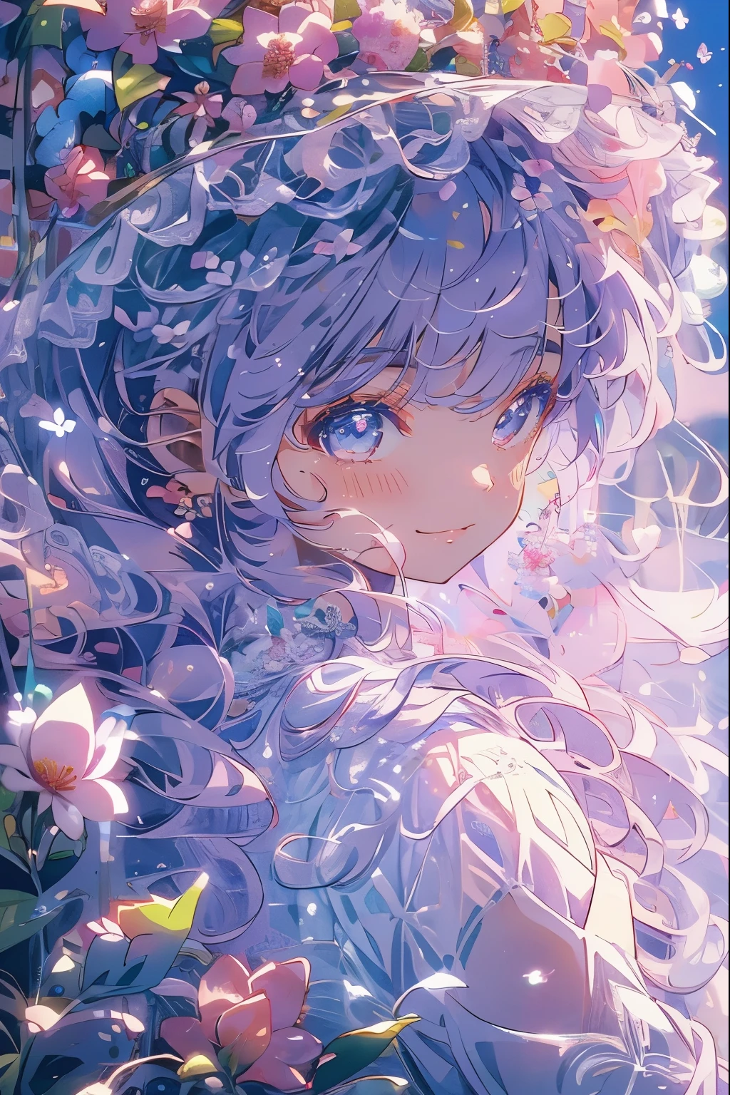 (Mastepiece)、(Best Quality)、Highly detailed face、Anime Girl、1 girl、ta Clothing、Fluffy long hair、Lots of flowers、butterfly々、petal