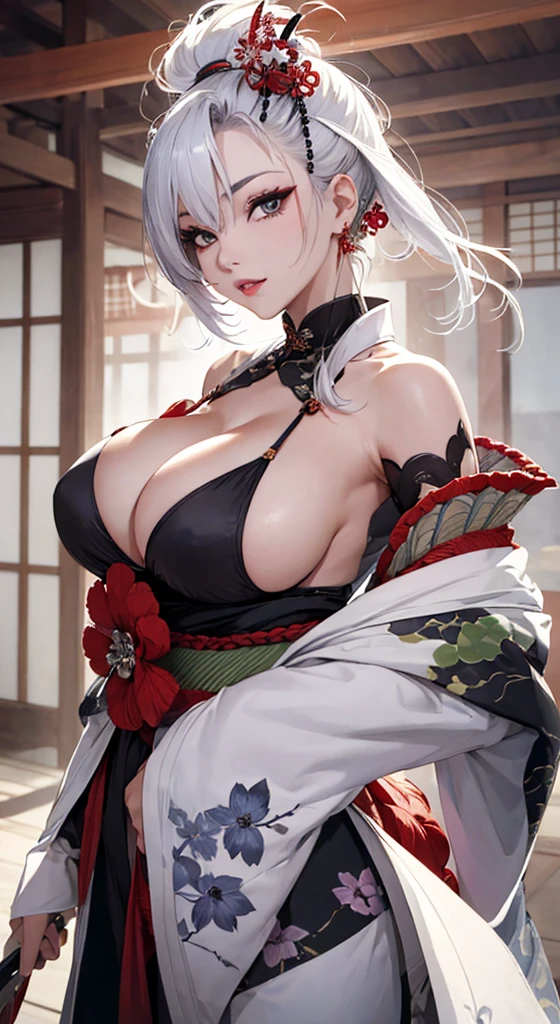 Very detailedな CG Unity 8K UHD 品質解像度の壁紙, Award-winning portraits, Official Art, A perfect masterpiece, highest quality, Highest Resolution, The most beautiful demon goddess, Very detailed な着物,kimono, Bold colors and patterns, Trendy and innovative platinum white mohawk hairstyle, Bright makeup, Super huge huge , Showing cleavage,Huge breasts spilling out of the costume, A stunning feudal Japanese garden, Faithfully recreated feudal Japan..., Cherry blossoms blown by the wind, Vibrant color scheme, Insane Details, Beautiful and dense face, blush, Sexy and Fascinating lascivious expression, Looking at the audience, Obscene, Saucy, Fascinating, sexy, Dynamic pose, Intricate details, Very detailed.