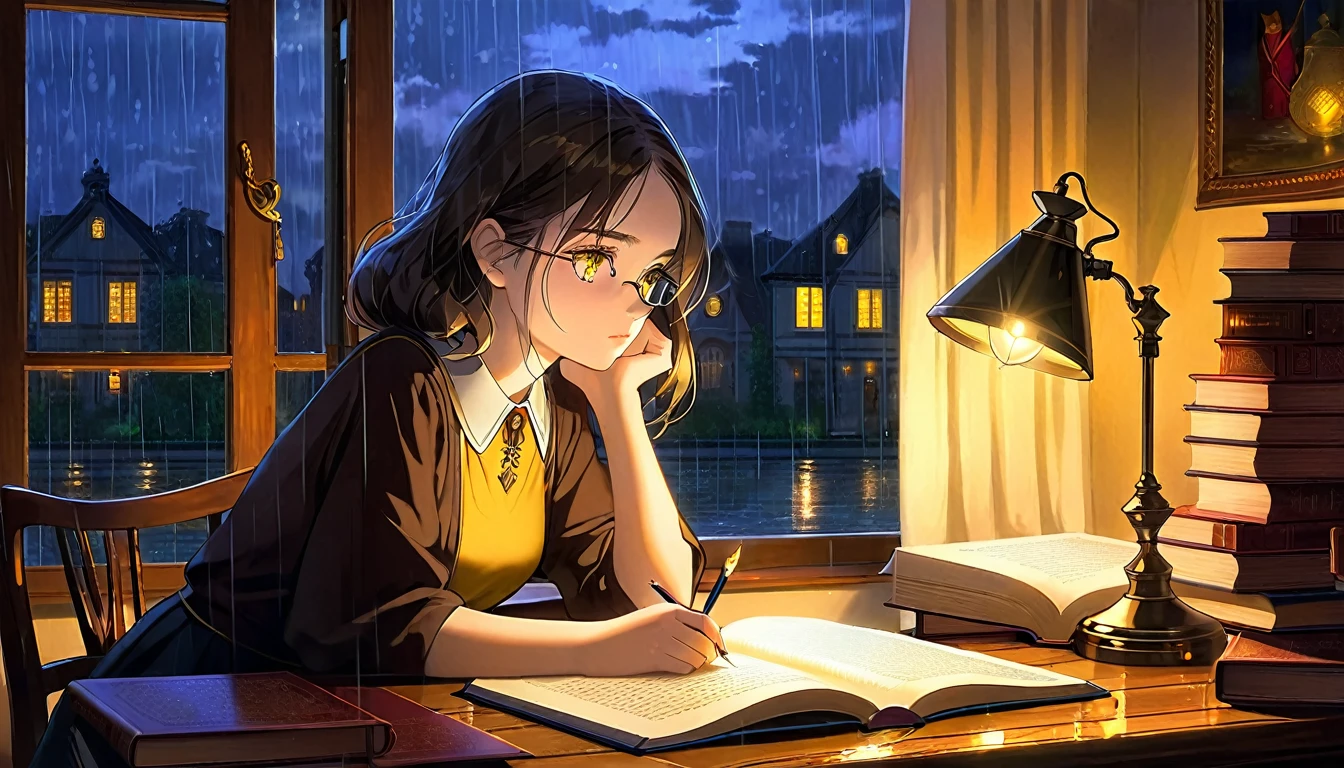 Masterpiece, Best quality, 1girl, Cozy corner, Jumble of books, Profound study, Desk lamp, Yellow glow, Peaceful ambiance, Quiet night, Window, Tranquil countenance, Intensity of concentration, Composed posture, Inquisitive eyes, Subtle tilt, Nimble fingers, Timeworn margins, Sultry aura, Silent focus, Deep in thought, Scholar, Old world wisdom, Intellectual, Thoughtful, Pensive, Well-read, Intellect, Knowledgeable, Wisdom seeker, Glimpse into the mind, Soaking up the knowledge, Absorbing the information.
A girl, enscon,evening,rainy,with cat,
