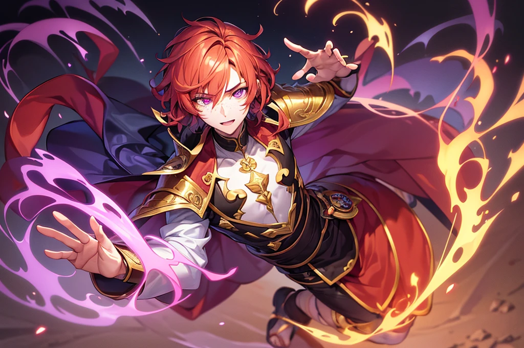Young man, effeminate face, wizard, shapeshifter, short wavy orange hair, freckles, fluorescent violet eyes, Japanese , oriental, desert, marble castle, detailed face, detailed hair, full body, flower.