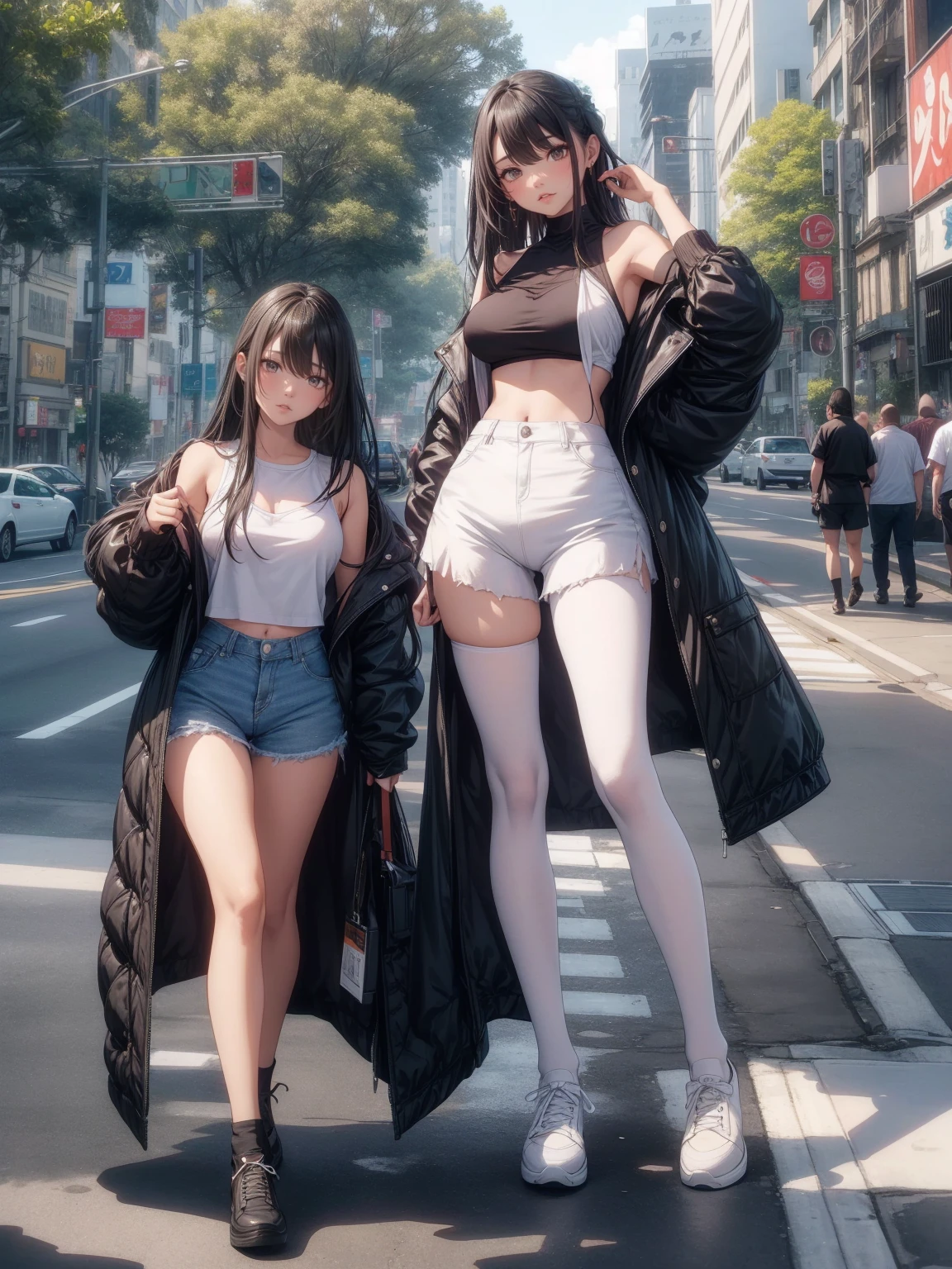 Maximum quality、Membros completos、dedos completos、uma linda mulher、Linda mulher peituda、Mulheres com cabelos lisoulher de cabelos castanhos、Top de malha laranja com gola alta e sem mangas、White shorts、black pantyhose、Um grande sorriso、Street trees、shibuya