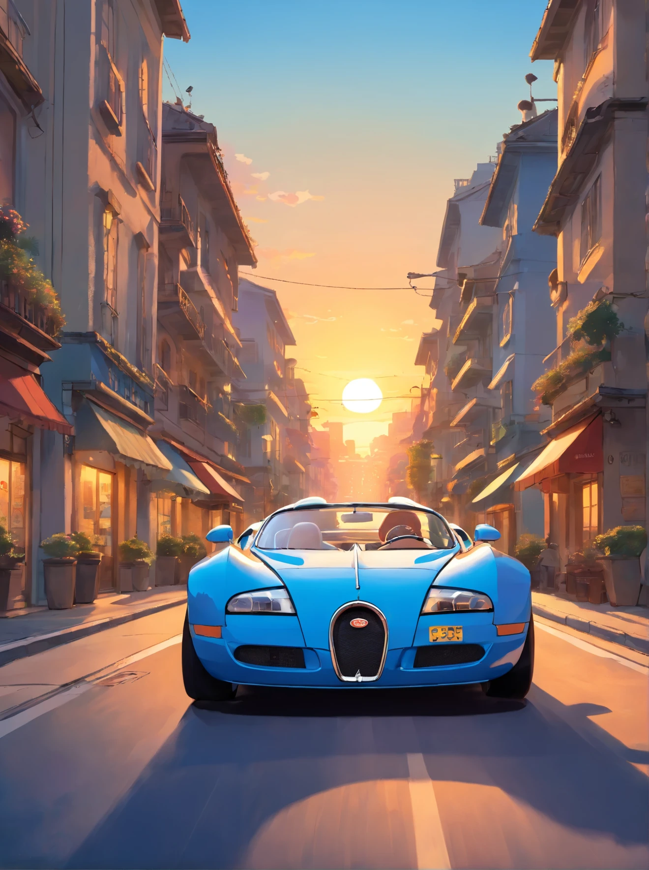 A Bugatti Type 35 blue car, in a race in the city, sunset