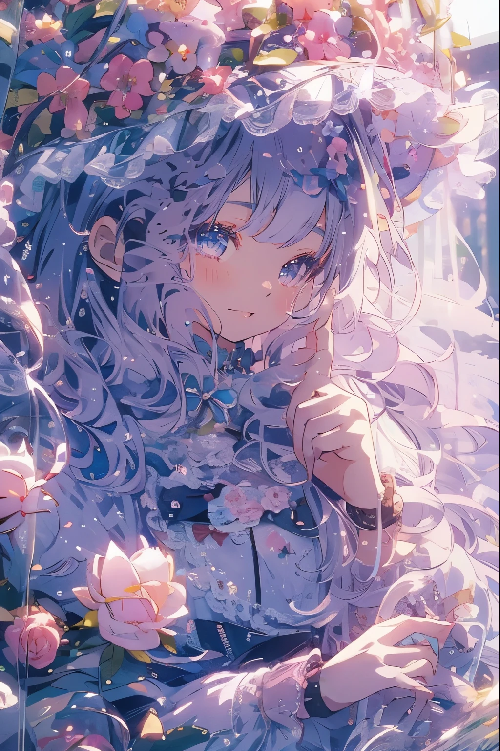 (Mastepiece)、(Best Quality)、Highly detailed face、Anime Girl、1 girl、Lolita Clothing、Fluffy long hair、Lots of flowers、butterfly々、petal
