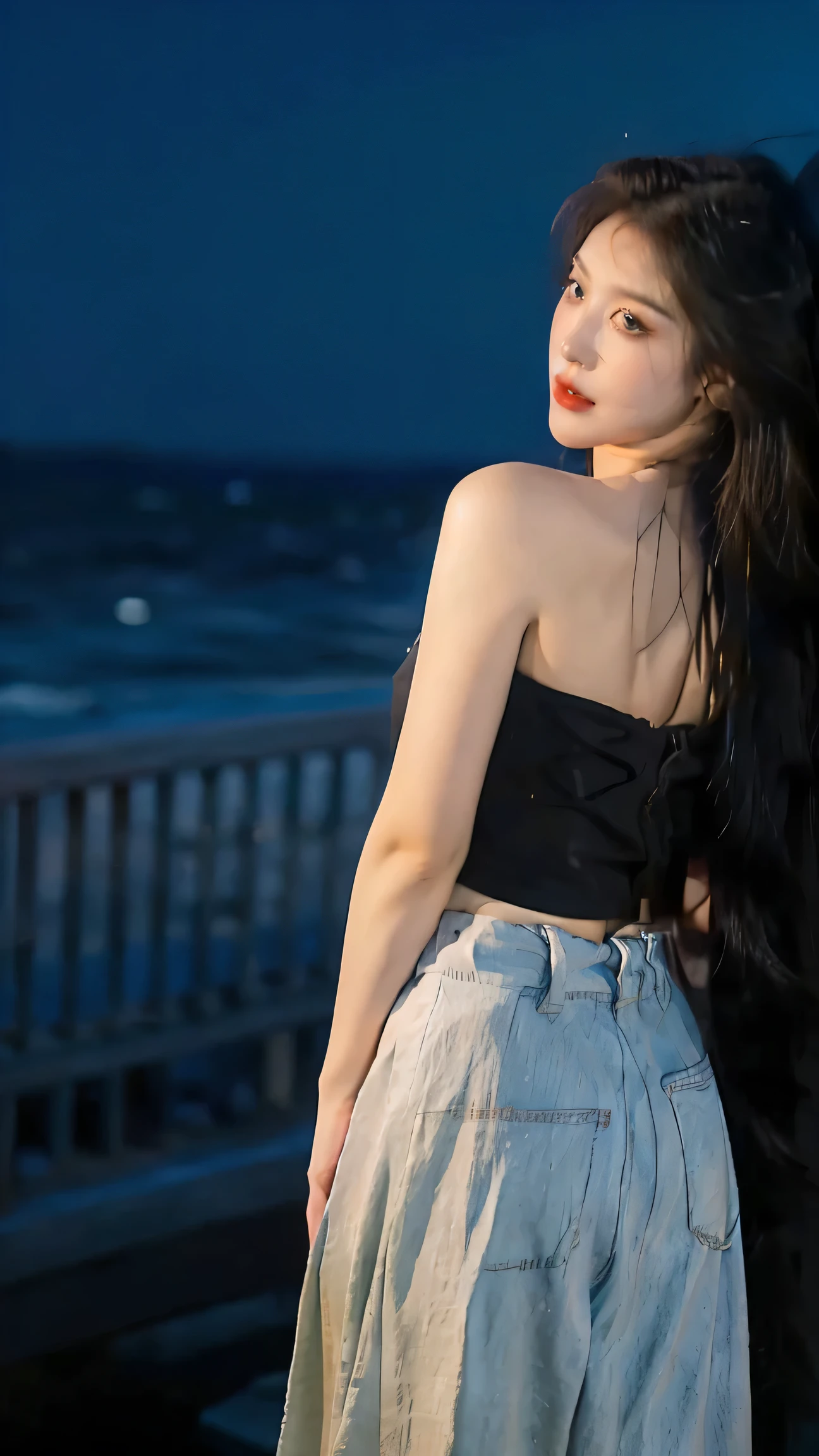 "A young woman's silhouette is framed against the vast expanse of the night sea, her back to the camera as she faces the rolling waves. The moonlight catches the whitecaps, creating a dramatic contrast between light and dark. The image should be rich in detail, with the texture of her hair and clothing visible in the soft, cool breeze."