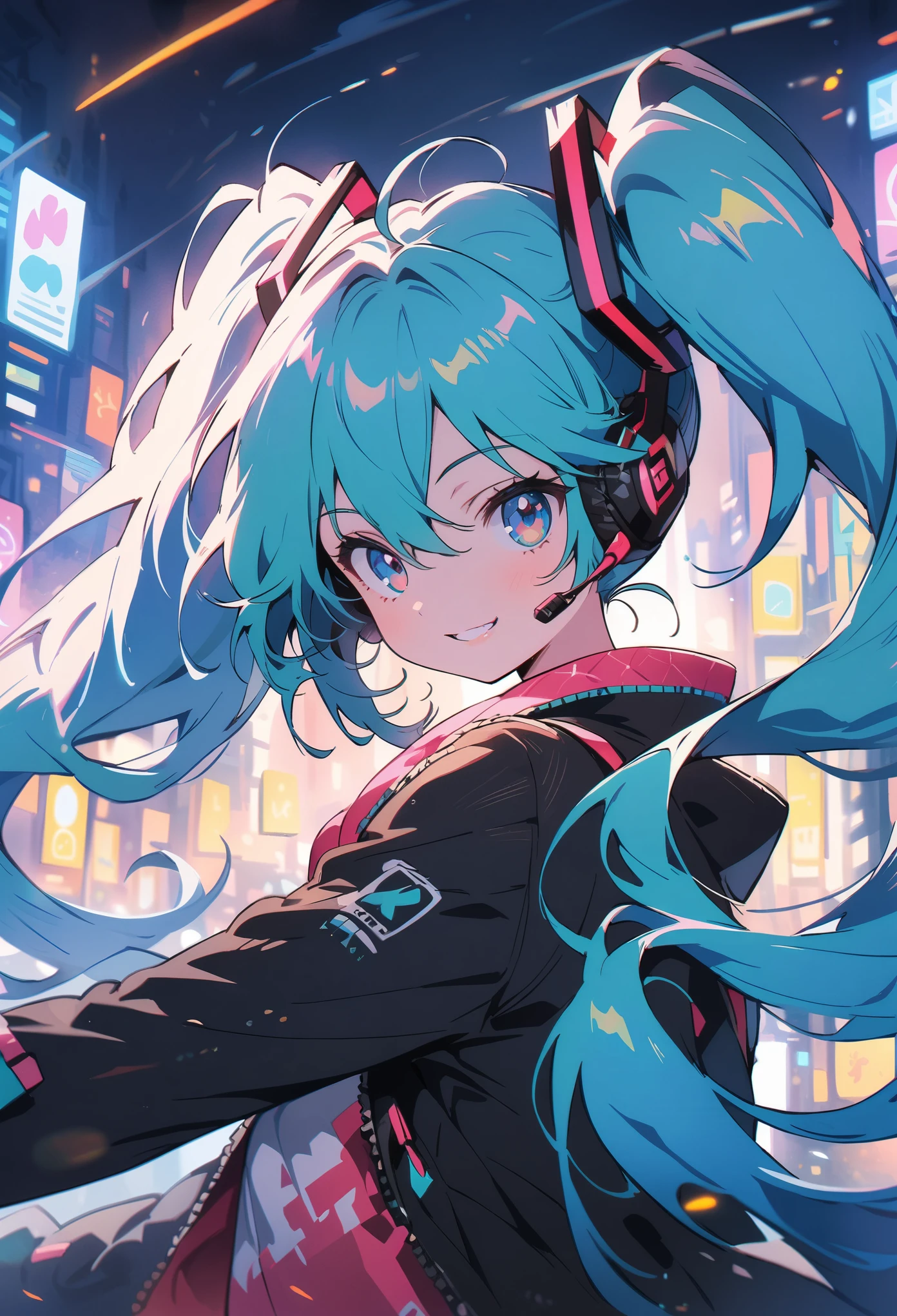 (highest quality,4K,8k,High resolution,masterpiece:1.2),Very detailed,Vibrant colors,Beautiful fine details,Beautiful lip detail,Cute girl with long turquoise twin tails,Stylized cel shading,Dynamic pose,Neon cityscape background,Singing on the rooftop,Anime-style artwork,Happy and energetic look,Lens flare,The city lights in her eyes,Hatsune Miku