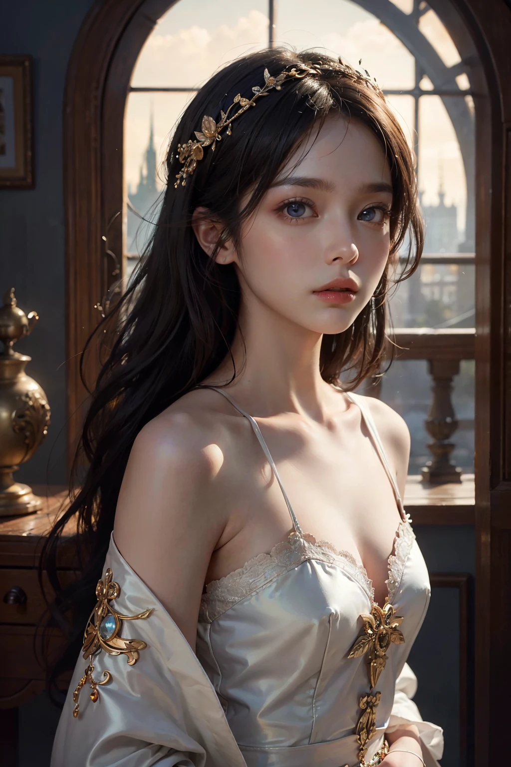 { - anatomy error}(Masterpiece - Ultra-detailed, very high resolution) Prepare to be enchanted by a true masterpiece that combines ultra-detailed art with high-resolution rendering. This work depicts a mesmerizing woman with very long black hair (1.3) and captivating blue-gray eyes (1.2), emanating an aura of elegance and mystery in Victorian settings. The intricate details and realistic textures invite you to explore every aspect of this enchanting composition. Woman wearing beautiful classic Victorian costume from the year 1878. Smiling. Happy face. Red lips. Gray blue dress. Walking, writing, standing, backwards, dynamic poses. Get ready to dive into a world where beauty and craftsmanship merge perfectly