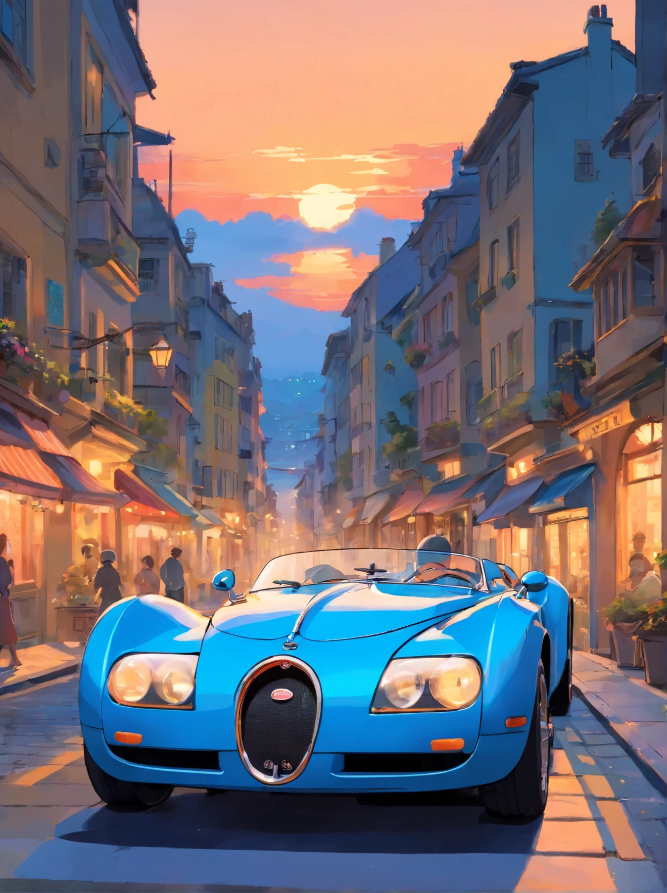 A Bugatti Type 35 blue car, in a race in the city, sunset