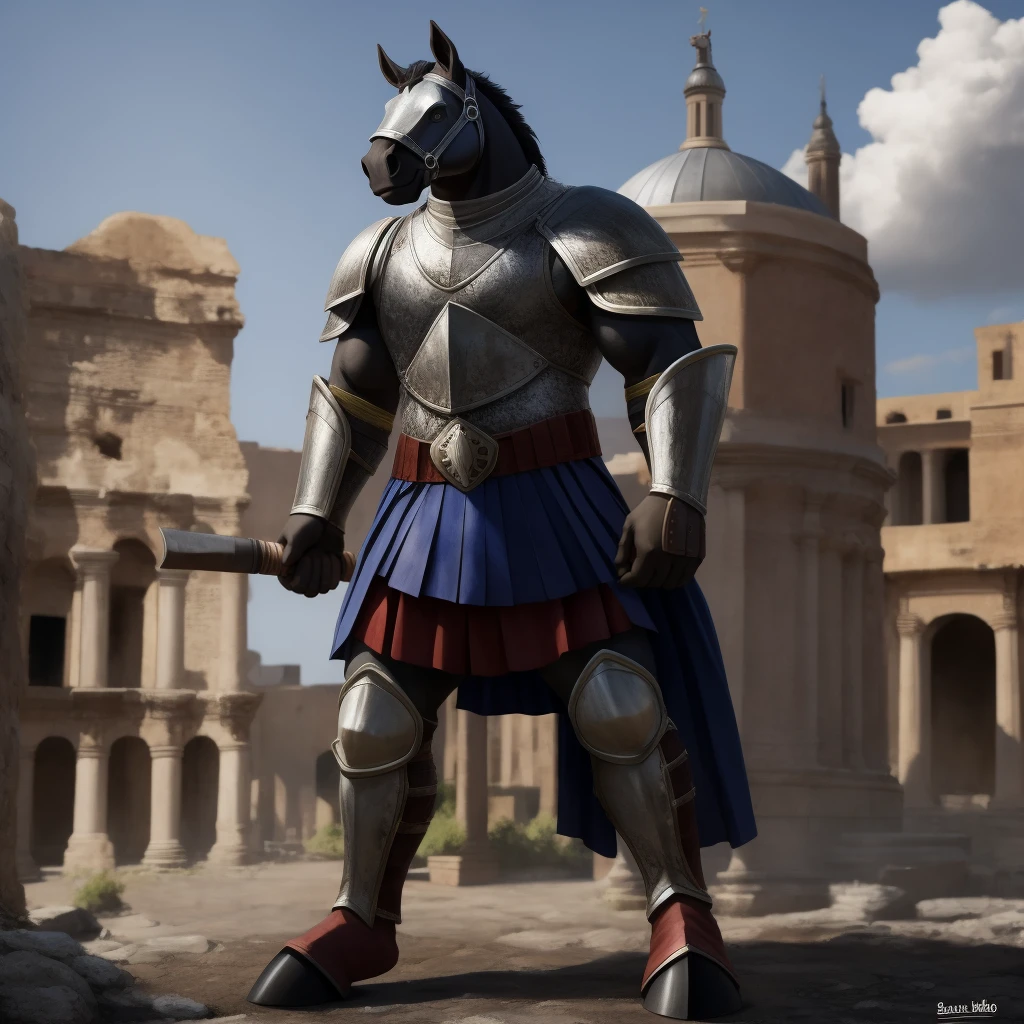  Antro, Furry Black, [Antro Horse color Black] , [(roman soldier uniform), (armor) leather skirt], leather skirt, Solo, , [Bulto Male Big], Bulto Male, Hooves , (Equine Tail), Detallado 4k, cuerpo completo,  fondo Antigua Roma, pupil Eyes Alta resolucion , Manos Perfectas, Torso cubierto con Peto de Metal, Falda, skirt leather, skirt, metal breastplate, Metal Armor
