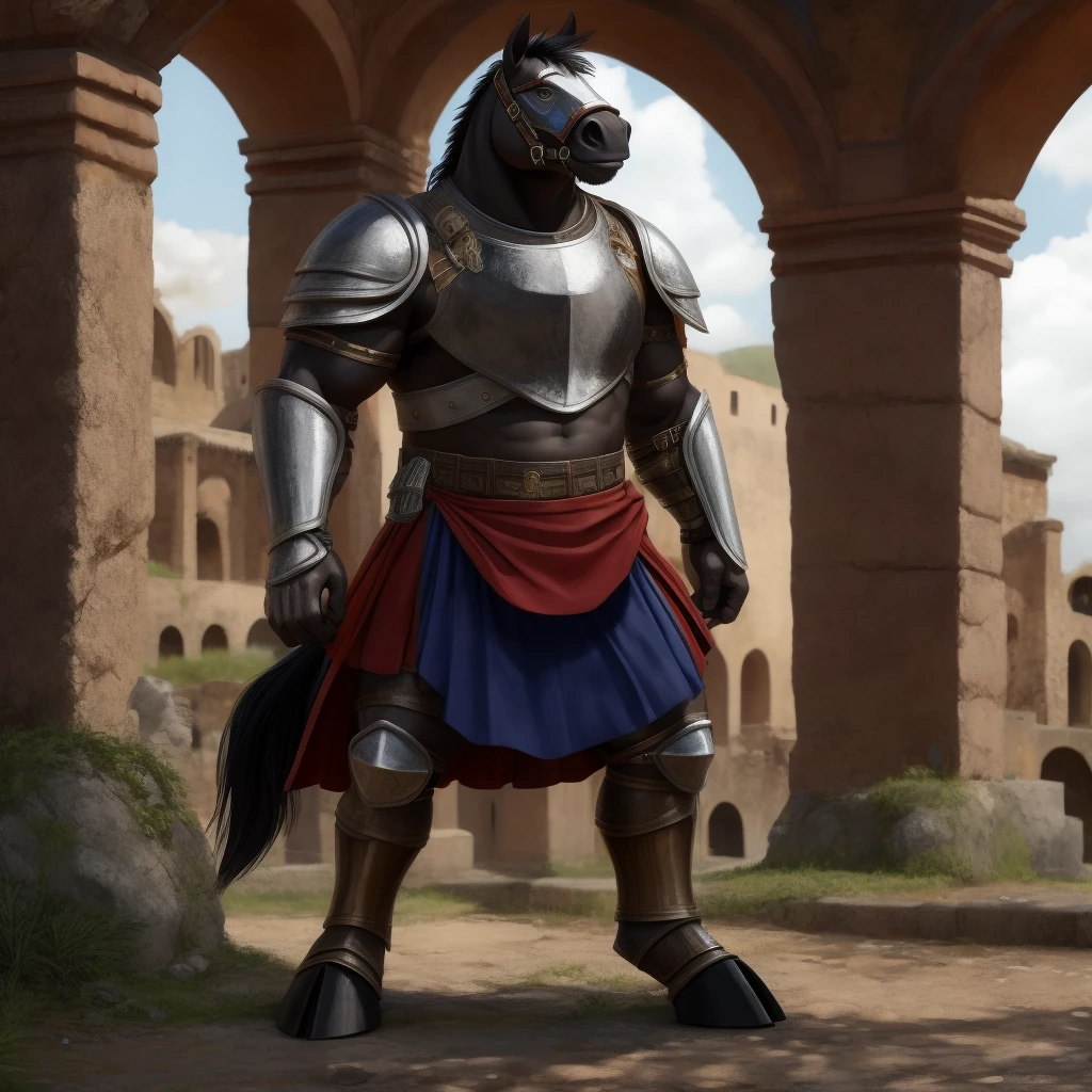  Antro, Furry Black, [Antro Horse color Black] , [(roman soldier uniform), (armor) leather skirt], leather skirt, Solo, , [Bulto Male Big], Bulto Male, Hooves , (Equine Tail), Detallado 4k, cuerpo completo,  fondo Antigua Roma, pupil Eyes Alta resolucion , Manos Perfectas, Torso cubierto con Peto de Metal, Falda, skirt leather, skirt, metal breastplate, Metal Armor