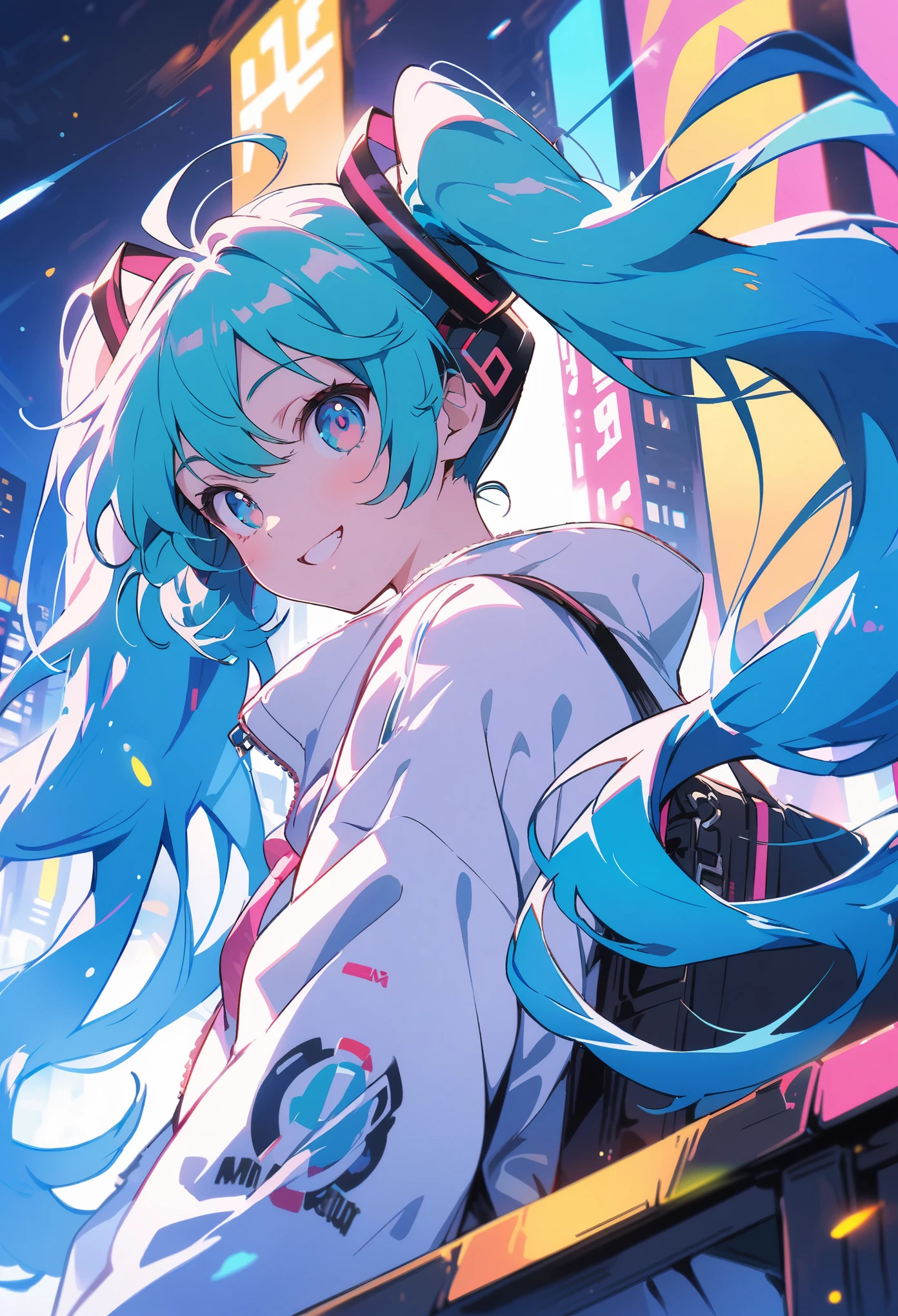 (highest quality,4K,8k,High resolution,masterpiece:1.2),Very detailed,Vibrant colors,Beautiful fine details,Beautiful lip detail,Cute girl with long turquoise twin tails,Stylized cel shading,Dynamic pose,Neon cityscape background,Singing on the rooftop,Anime-style artwork,Happy and energetic look,Lens flare,The city lights in her eyes,Hatsune Miku