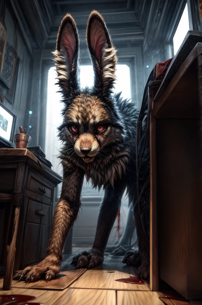 [B=" slim, cute, anthro, female, anthro bunny, (vanny), creepy, on all four, 4 fingers, crawling, red eyes, black makeup, fluffy, rotten costume, blood, blood prints, photorealistic bunny's fur"]. A is in getting close, coming from desk's side, depth of view, highly detailed, (low pov), masterpiece, breathtaking, trending on artstation, horror's style, light's from monitors only, very dark shadow. By hioshiru, by pixelsketcher, by wlop, pikaflufftulf, 